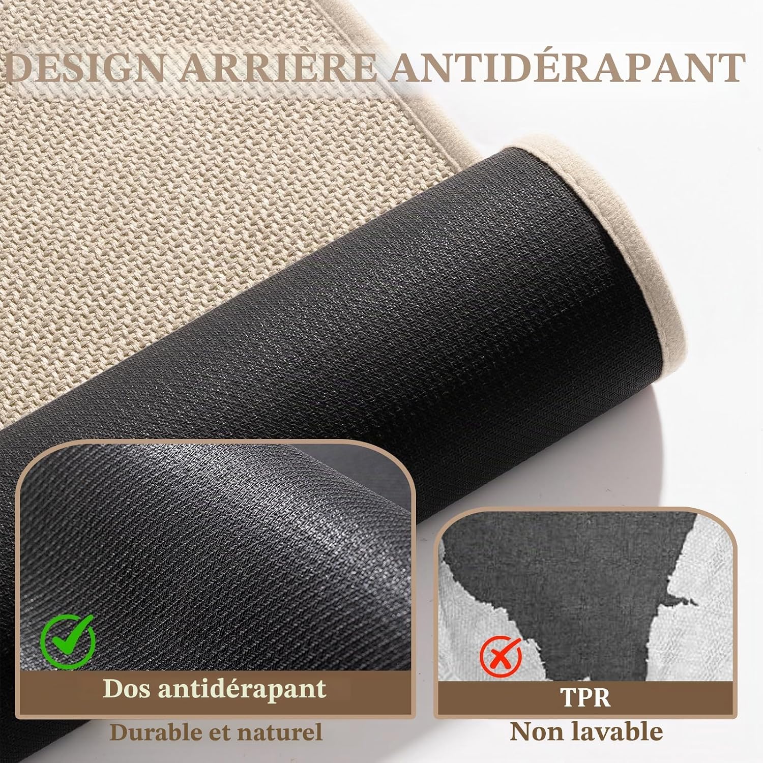 Detalle 2 de chakme Tapis de bain antidérapant 43 x 150 cm beige — tapis de douche en caoutchouc lavable