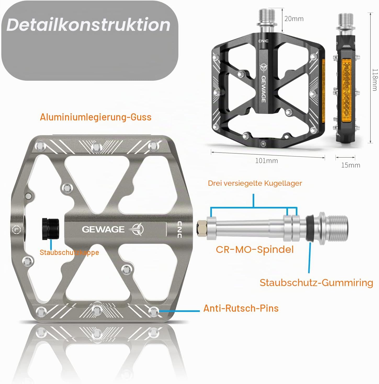 Detalle de GEWAGE Fahrradpedale mit Reflektoren – CNC-Aluminium Plattformpedale, 9/16 Zoll