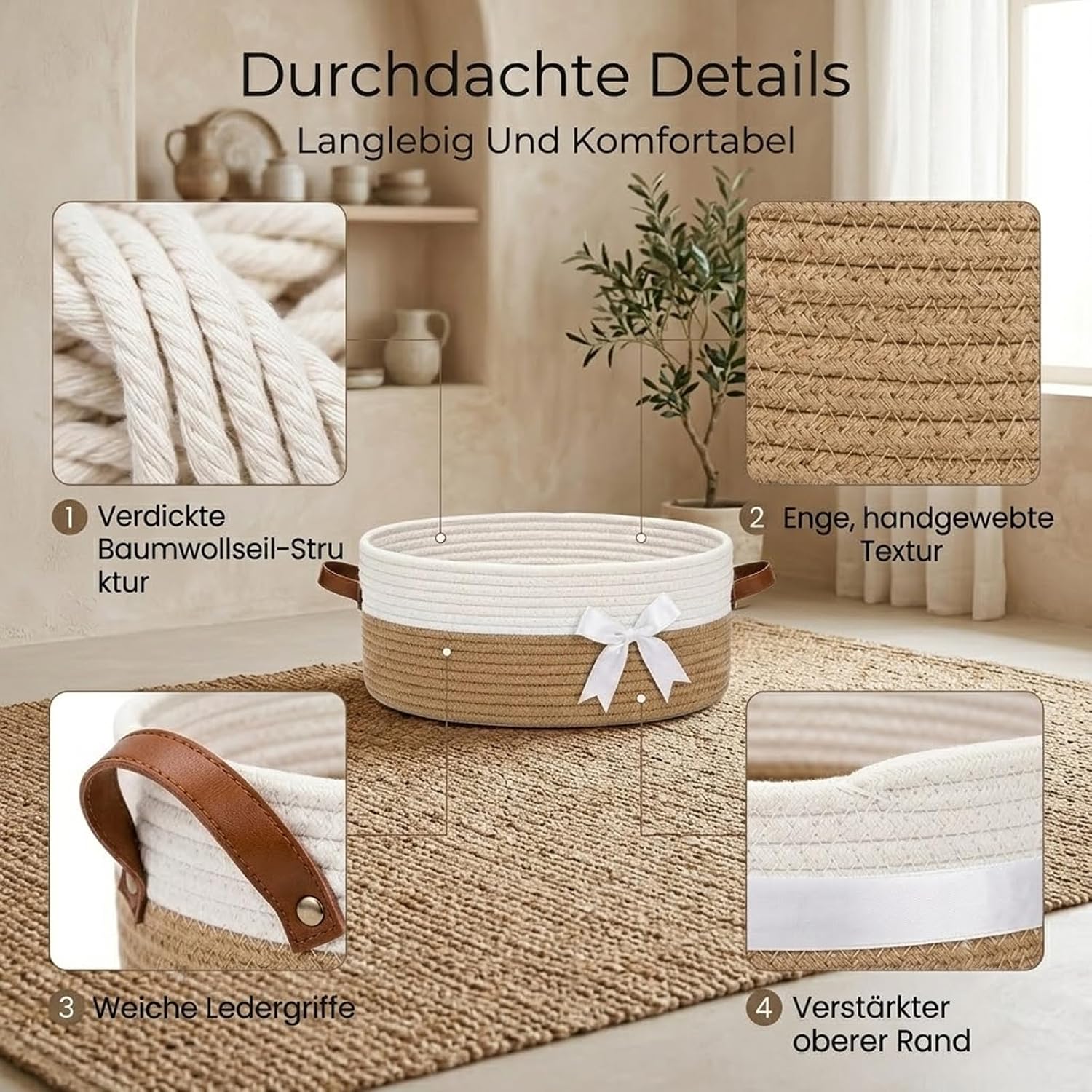 Detalle de Brizuf geschenkmand van katoenen touw, opvouwbaar, kaki, 35,5 x 25,5 x 14 cm