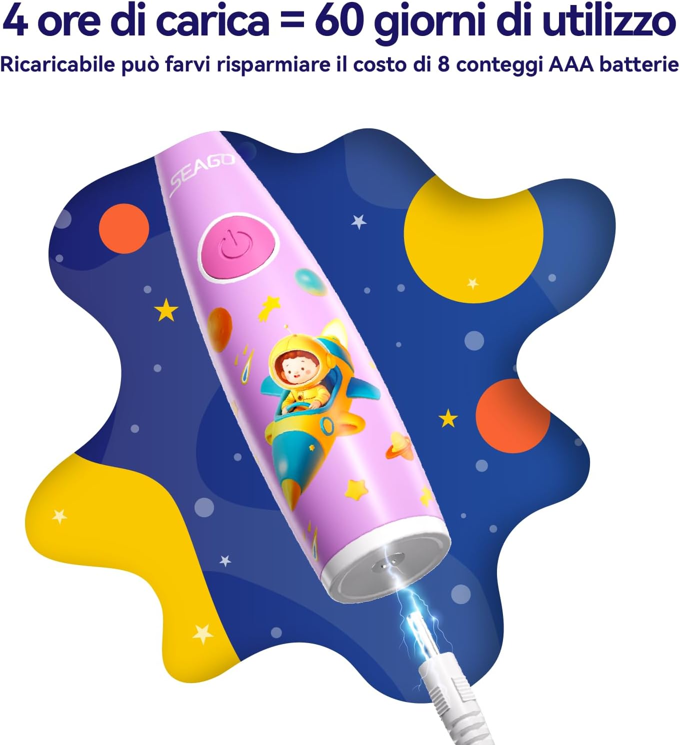 Thumbnail 5 de Seago spazzolino elettrico per bambini SG-2159 rosa con 8 testine morbide, LED colorati e timer 2 minuti