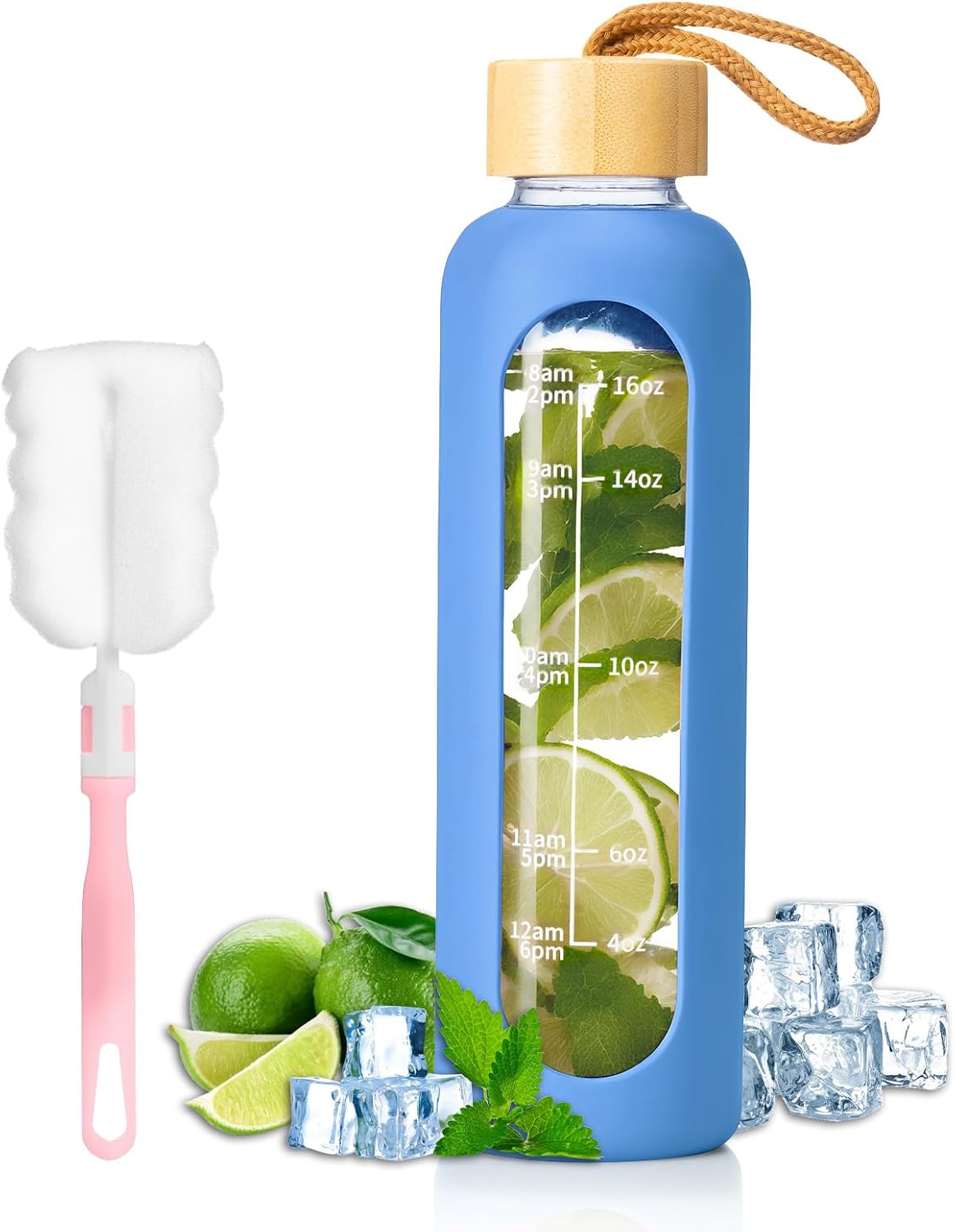 FrutPunch 500ml Glass Water Bottle with Time Markings – Blue