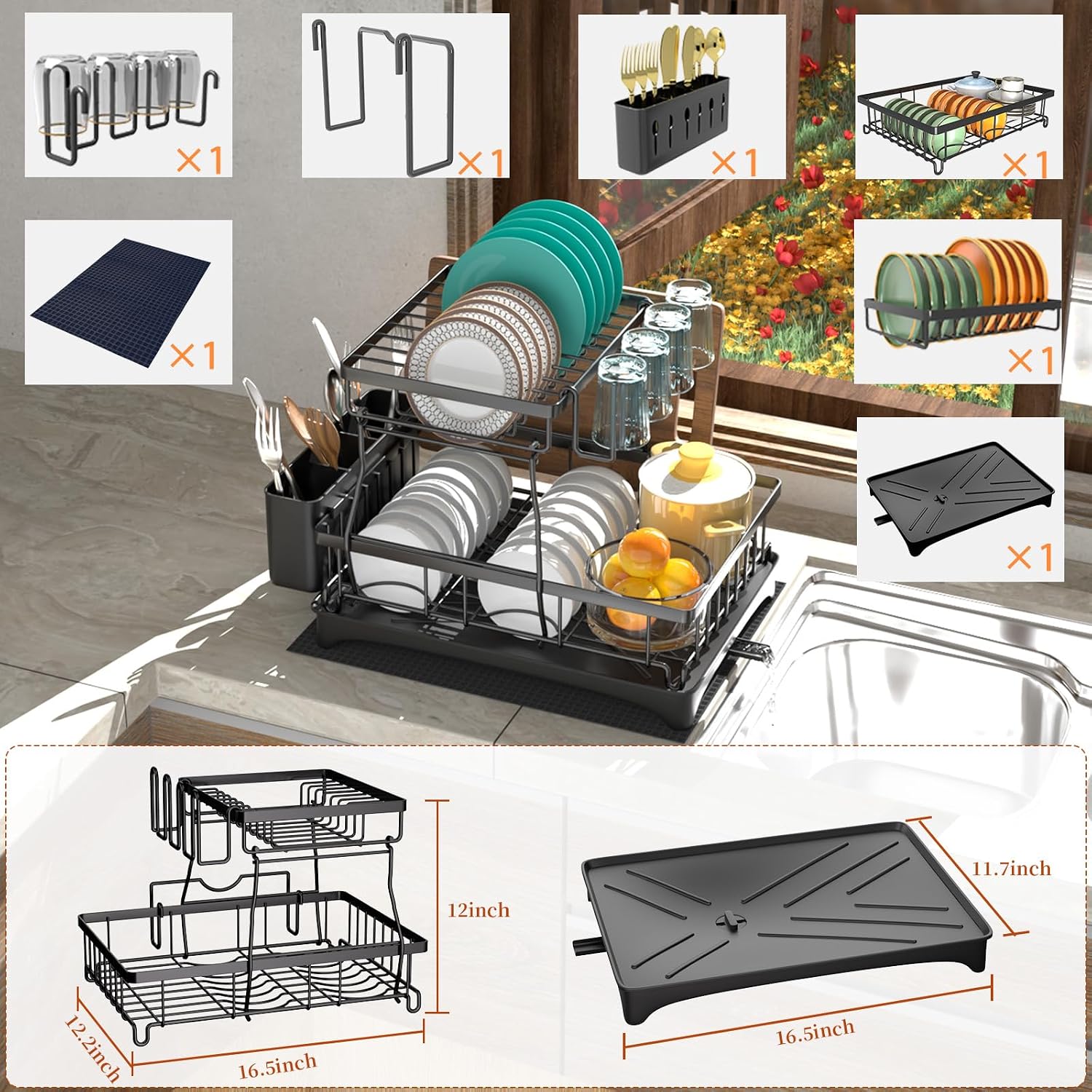 Thumbnail 3 de Godboat 2-Tier Dish Drying Rack with Auto-Drain Tray and Mat (Kitchen Counter Dish Drainer)