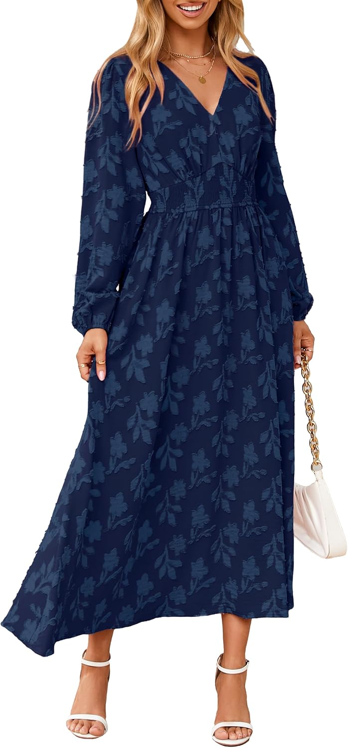 Detalle de Simplee Women's Boho Floral Maxi Dress, Long Sleeve V-Neck with Pockets