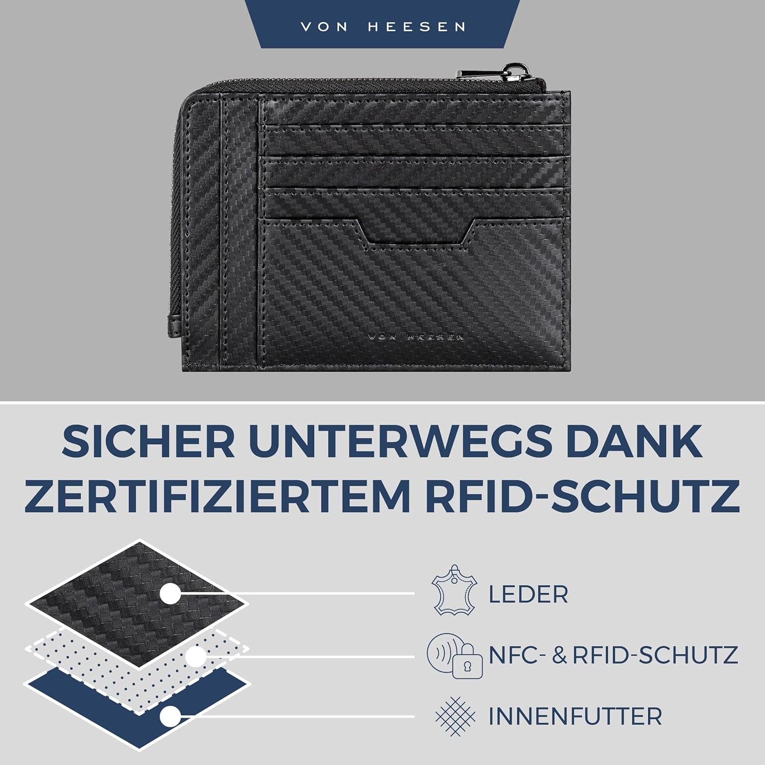 Thumbnail 2 de VON HEESEN Leder Kartenetui Geldbörse „Schwarz Carbon“ für Herren & Damen