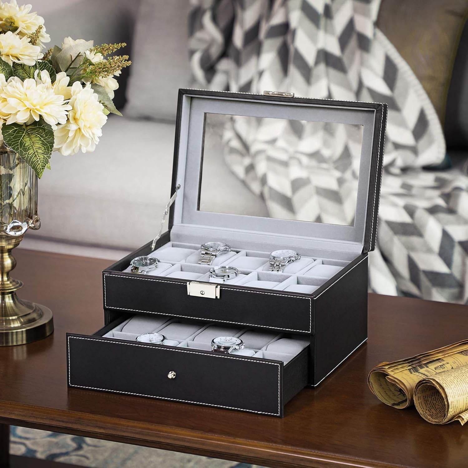 Detalle 2 de SONGMICS BRIDIE JWB020V1 horlogebox voor 20 horloges met glazen deksel