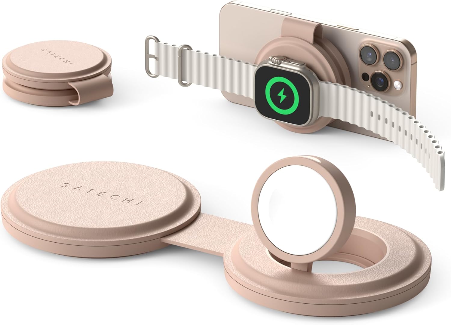 Detalle de SATECHI OntheGo 2-in-1 Caricatore Wireless Pieghevole: ricarica rapida Qi2 per iPhone e dispositivi Apple in viaggio