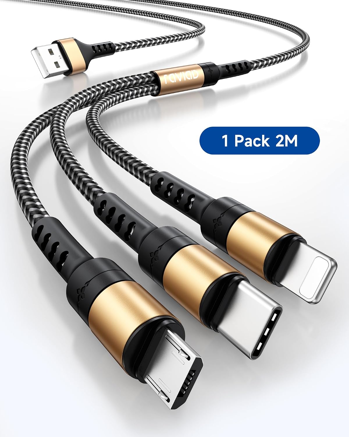 Detalle de RAVIAD Multi USB Kabel 2M – 3-in-1 Nylon-Ladekabel mit Micro USB, USB-C und Lightning