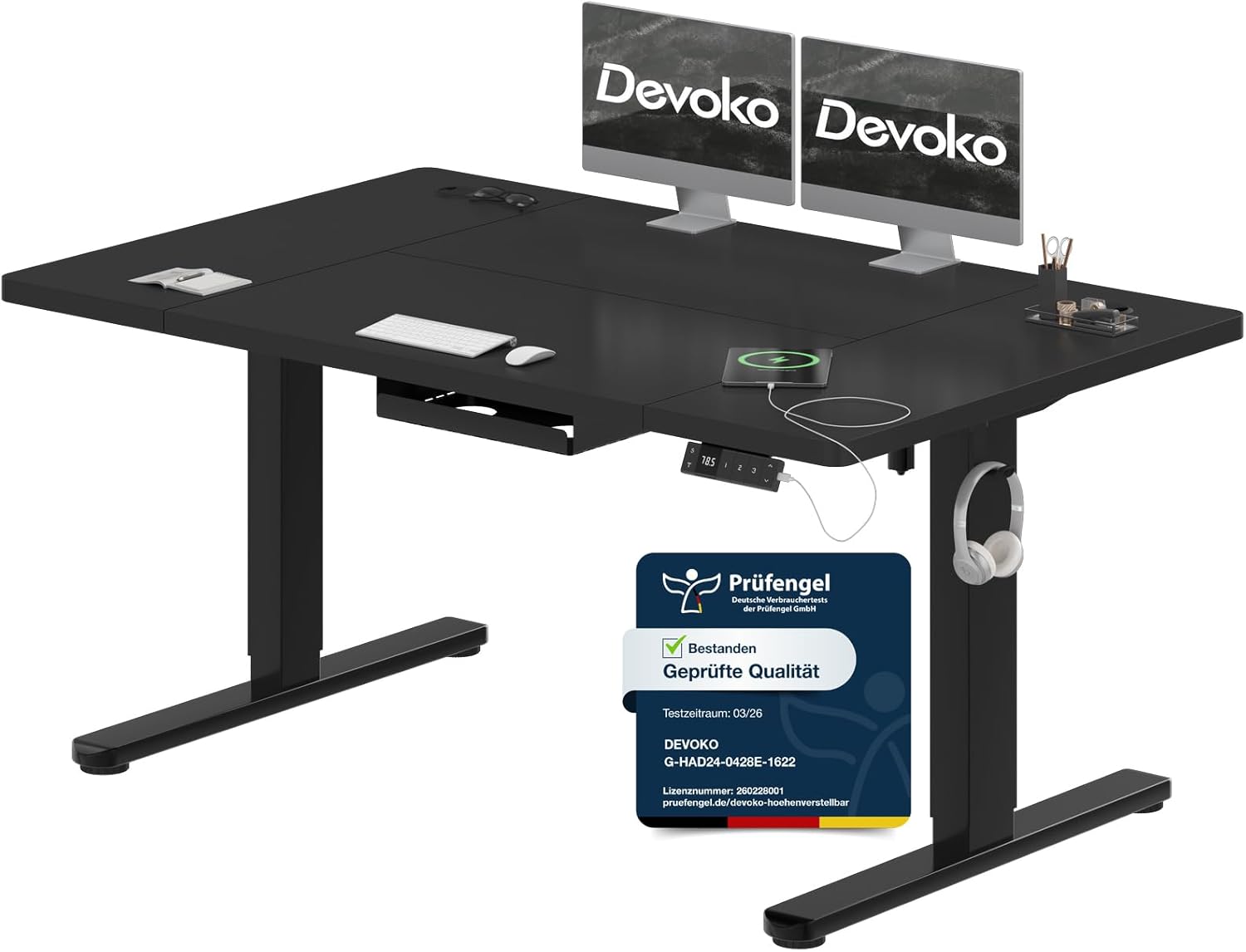 Detalle de Devoko Höhenverstellbarer Schreibtisch 140x80 cm – elektrisch höhenverstellbar mit Typ-C Ladeanschluss, Kabelmanagement und Mobilität