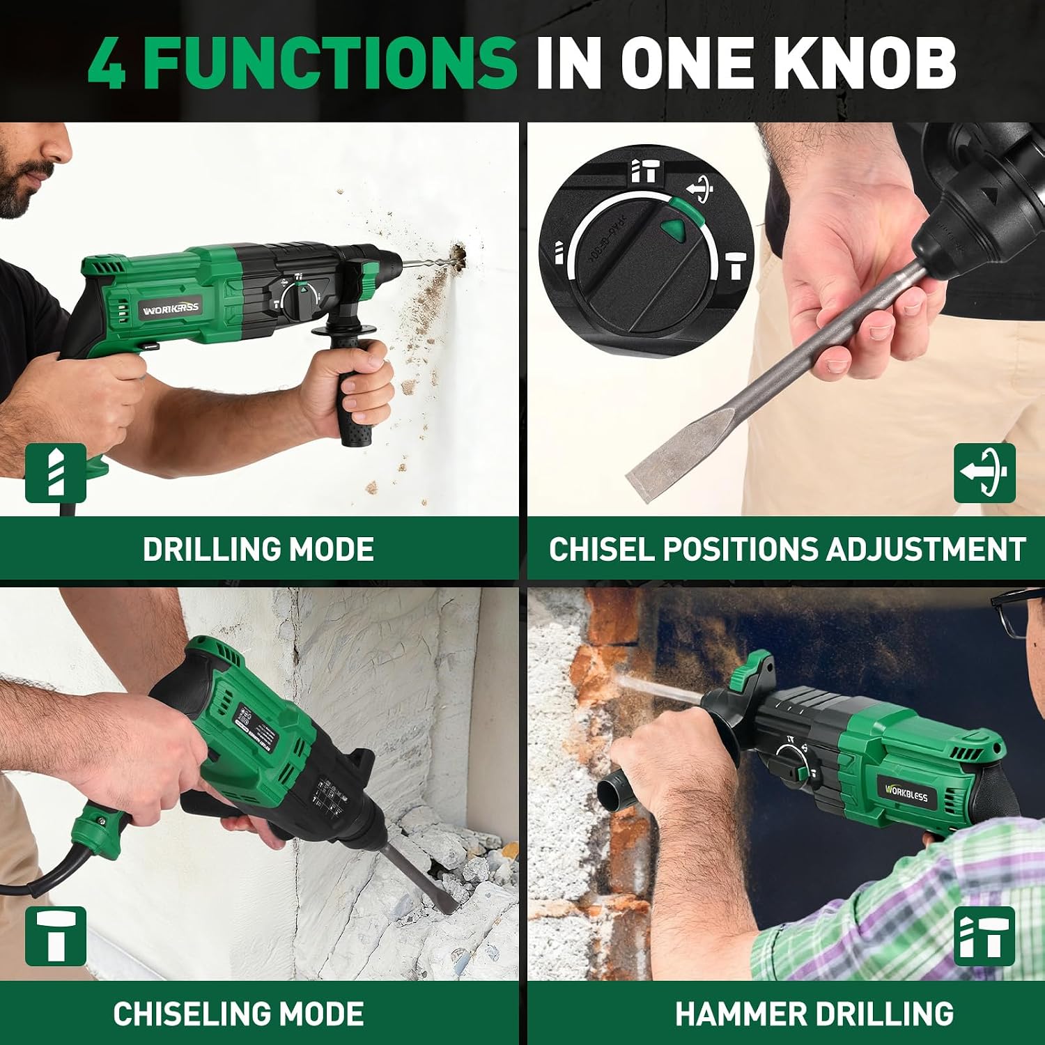 Detalle de WorkBless sds hammer drill, 1-Inch SDS-Plus Rotary Hammer, 8A, 3.0J