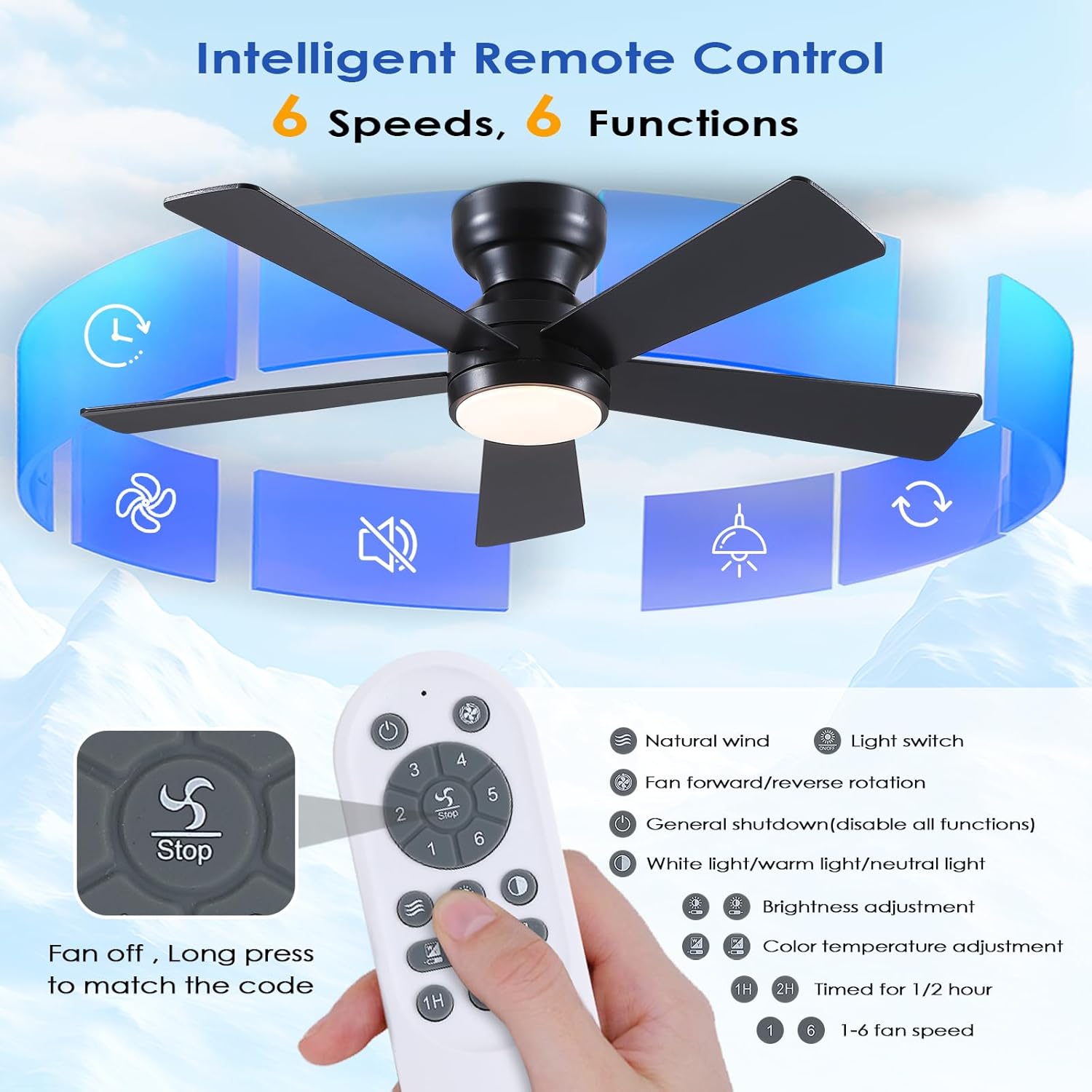 Thumbnail 2 de Black Ceiling Fans with Lights - 46" Flush Mount Ceiling Fan with Remote and 5 Reversible Blades