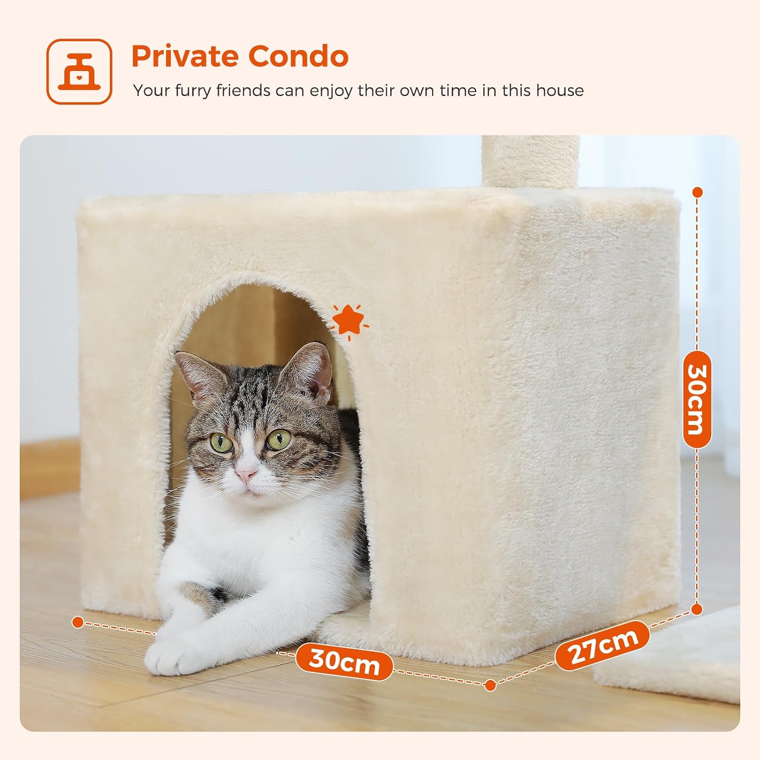 Detalle 2 de PAWZ Road Small Cat Tree (73cm) with Big Hammock, Removable Top Perch & Scratching Posts – Beige