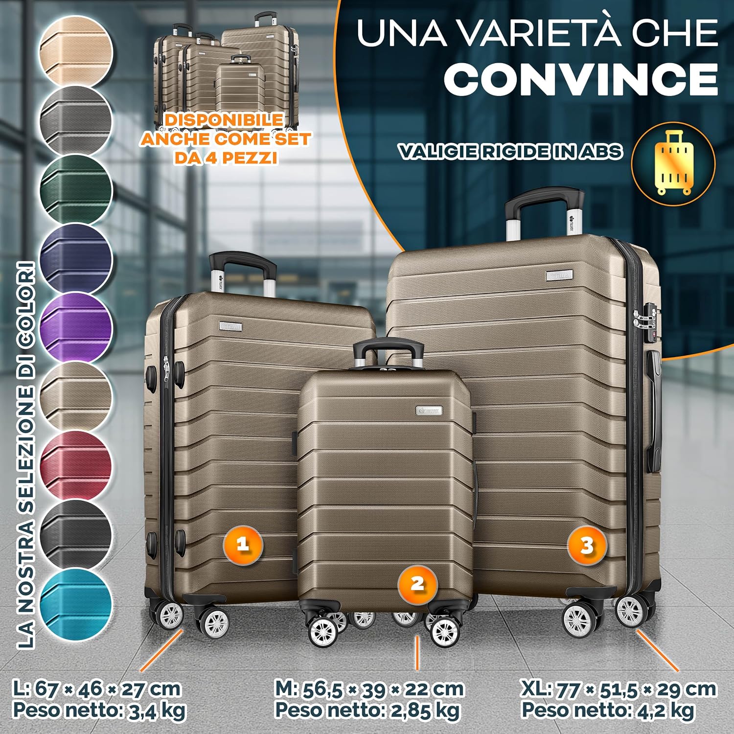 Detalle de tillvex Set di 3 valigie da viaggio con bilancia, cinture e etichette | Trolley TSA in ABS dorato