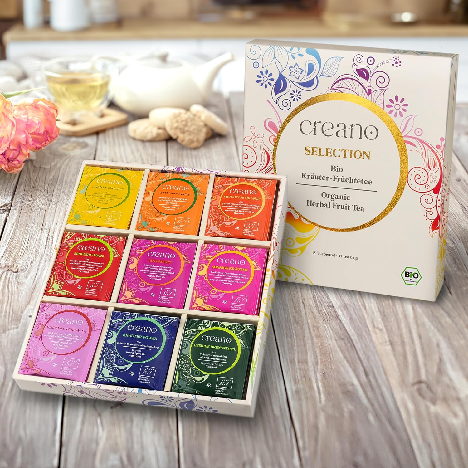 Detalle de Creano Bio Früchtetee & Kräutertee Geschenkset – 45 Bio-Teebeutel in 9 Sorten, koffeinfrei