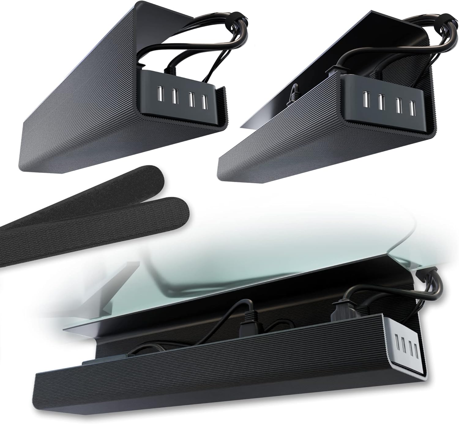 Scandinavian Hub No-Screw Under Desk Cable Management Tray (Black) — Self-Adhesive Set of 2