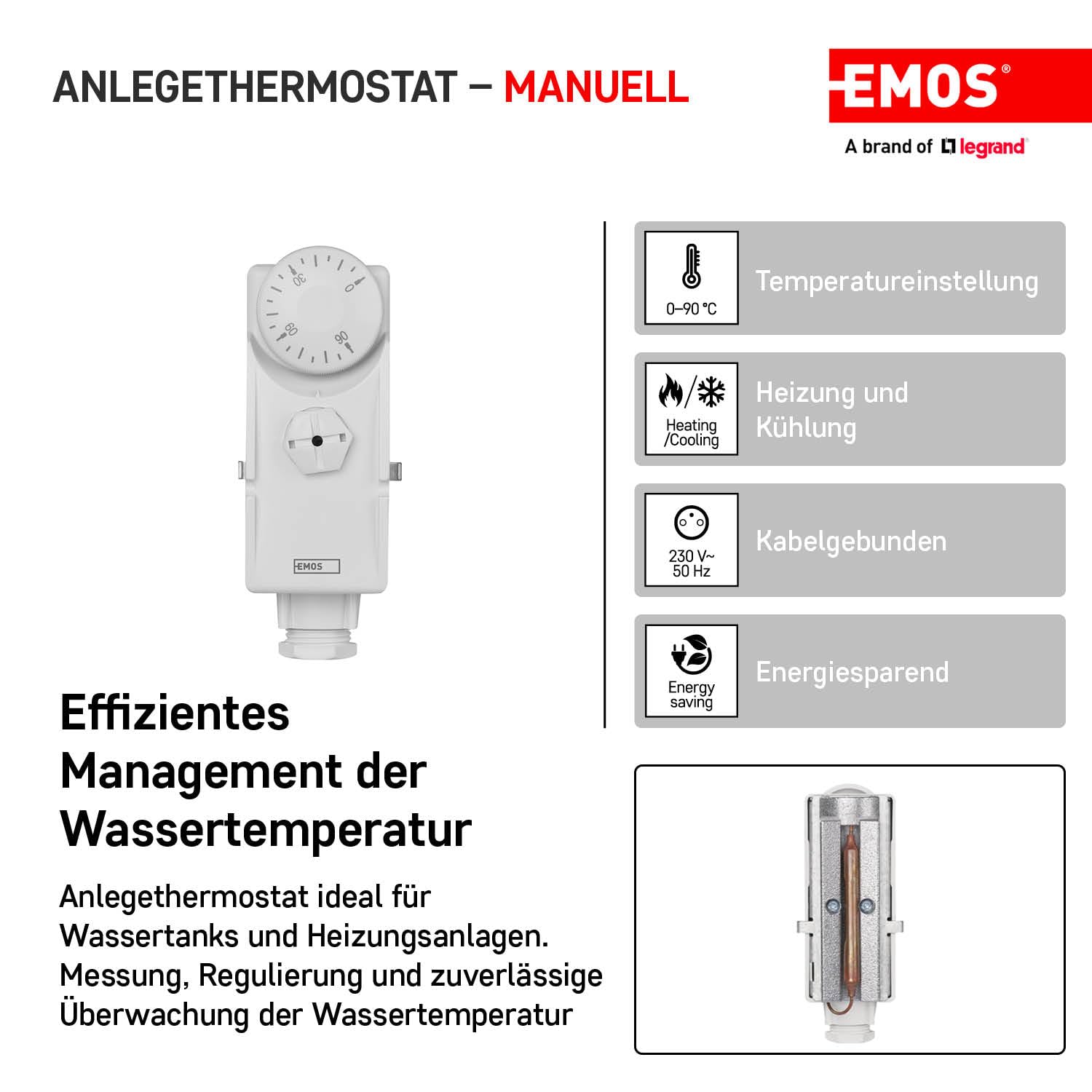 Detalle 2 de EMOS Anlegethermostat mit Drehknopf (analoger Rohranlegethermostat) – 0 bis 90 °C