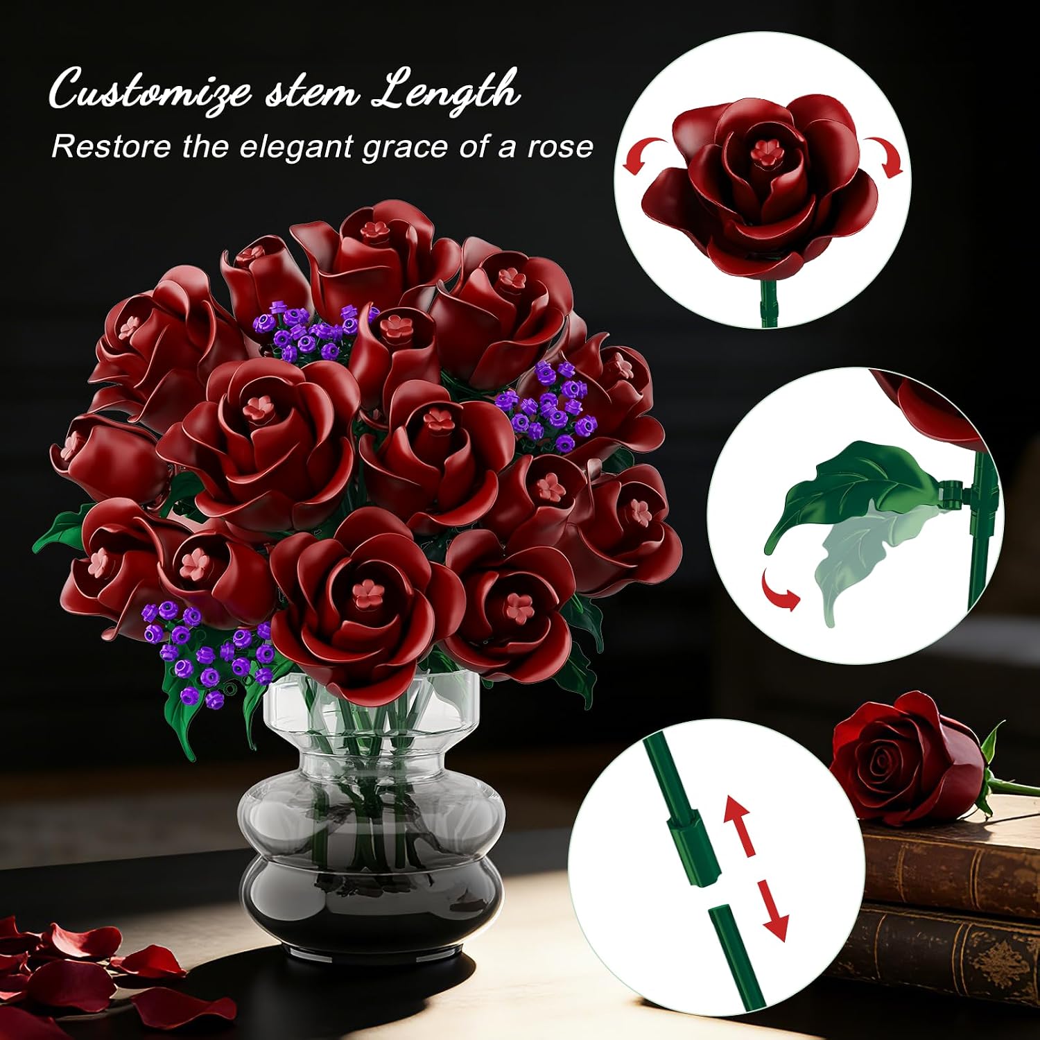 Detalle de HOGOKIDS Flowers Bouquet Building Set - 15 Burgundy Roses (330 pcs) for Home & Gift