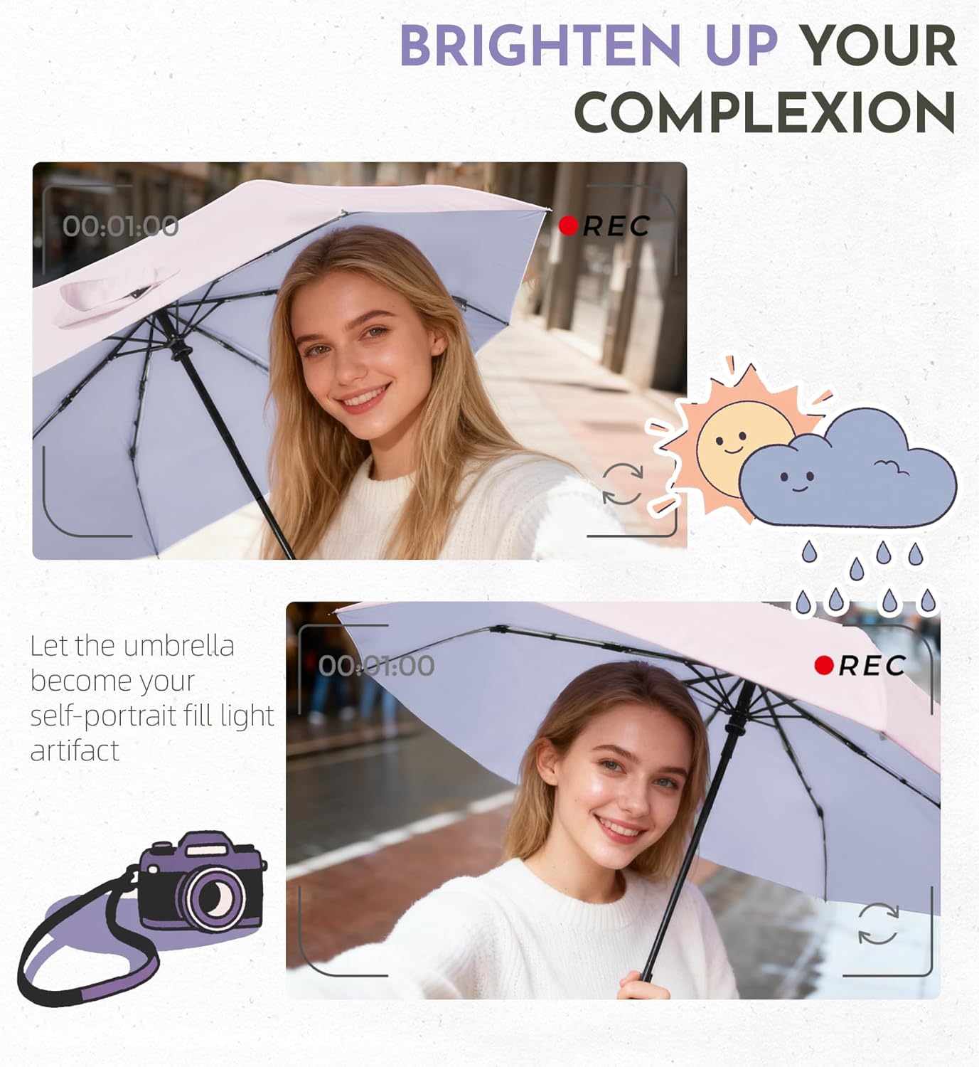 Detalle de LILAC Windproof 43-Inch Travel Umbrella: Compact, UV-Protective & Inversion-Resistant