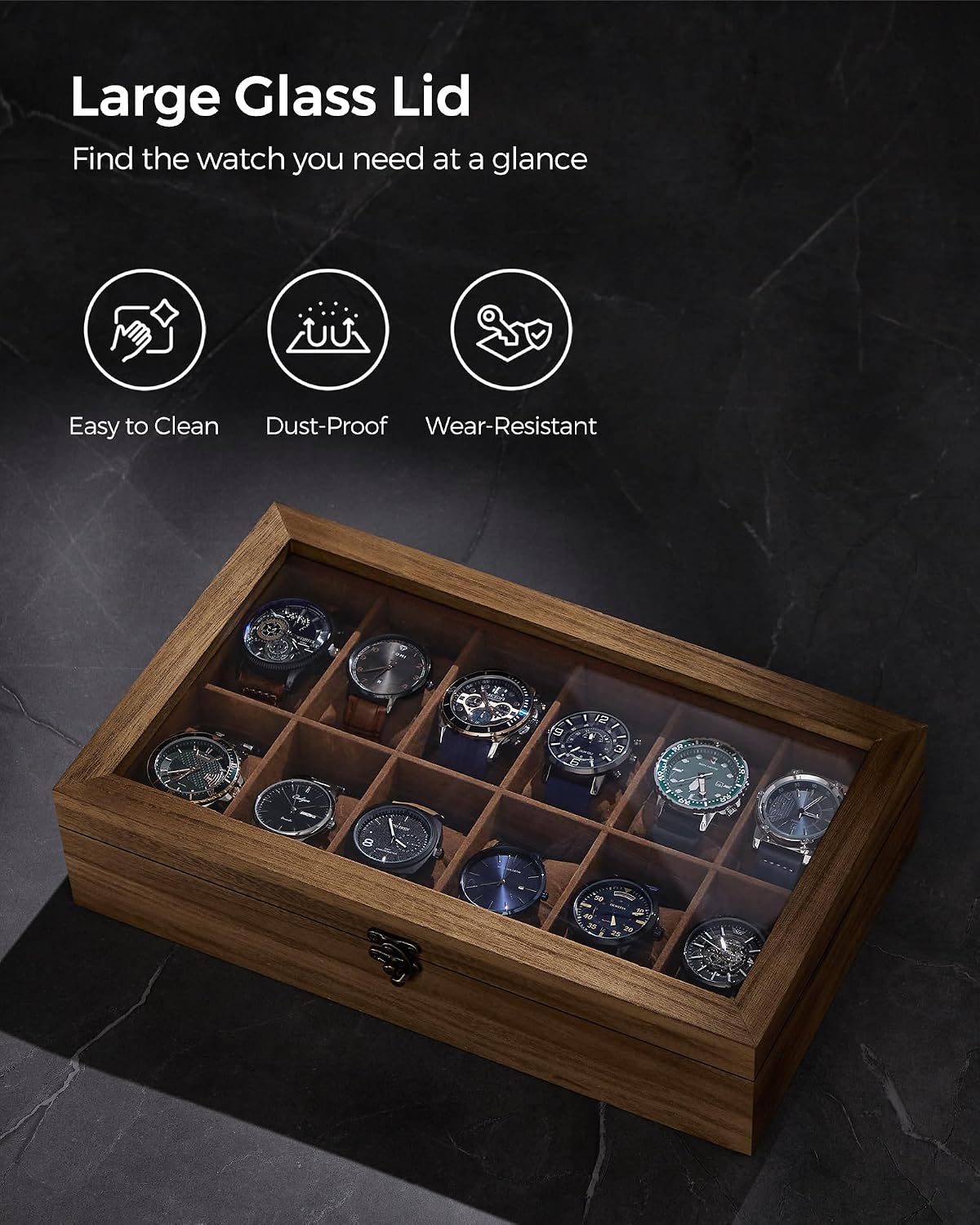 Thumbnail 4 de SONGMICS Anicia Collection JOW120K01 12-Slot Paulownia Watch Box with Glass Lid