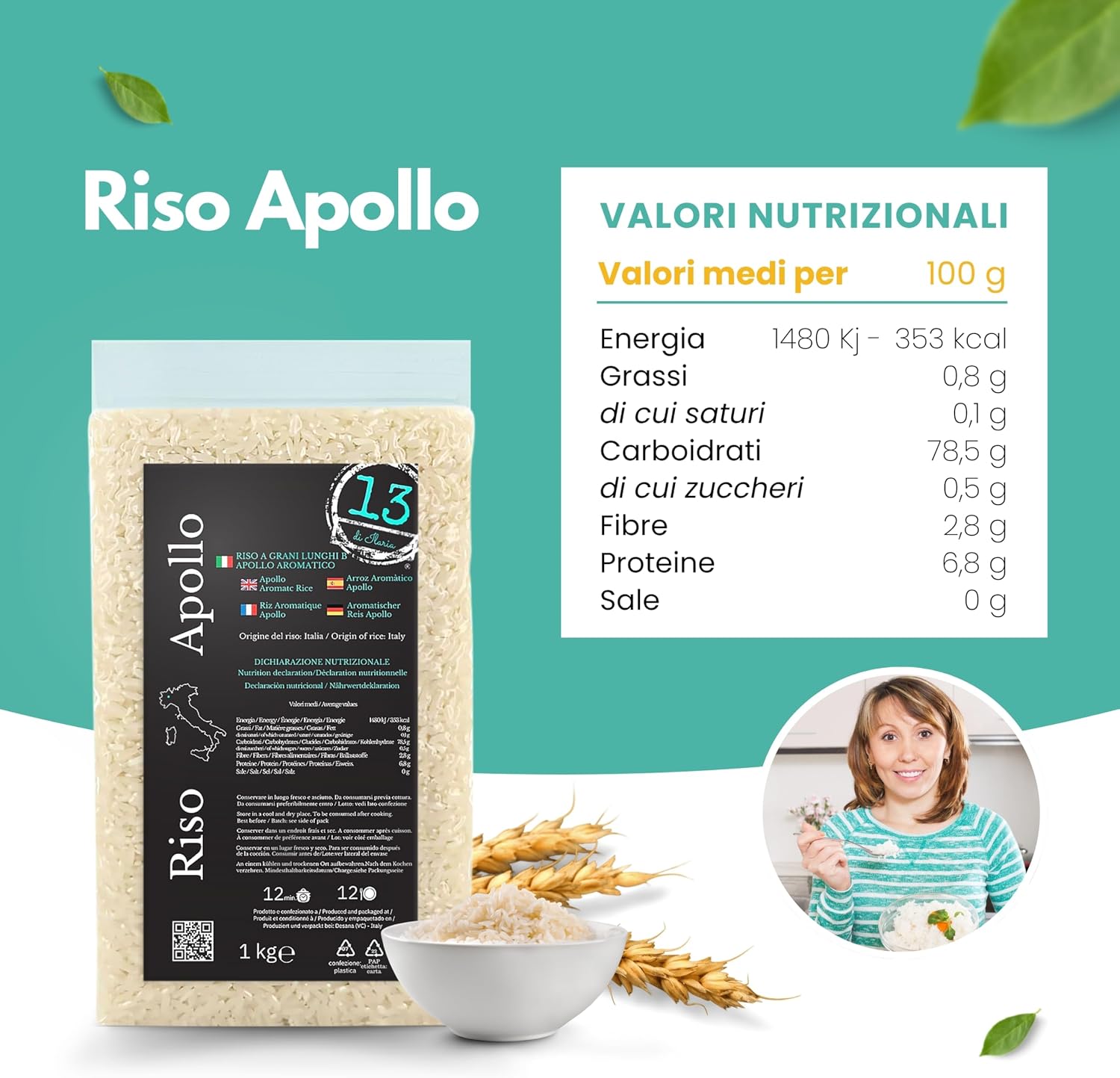 Detalle de Riso Apollo Italiano 2 kg (2x1 kg) – Senza Glutine e Profumato, Coltivato in Piemonte