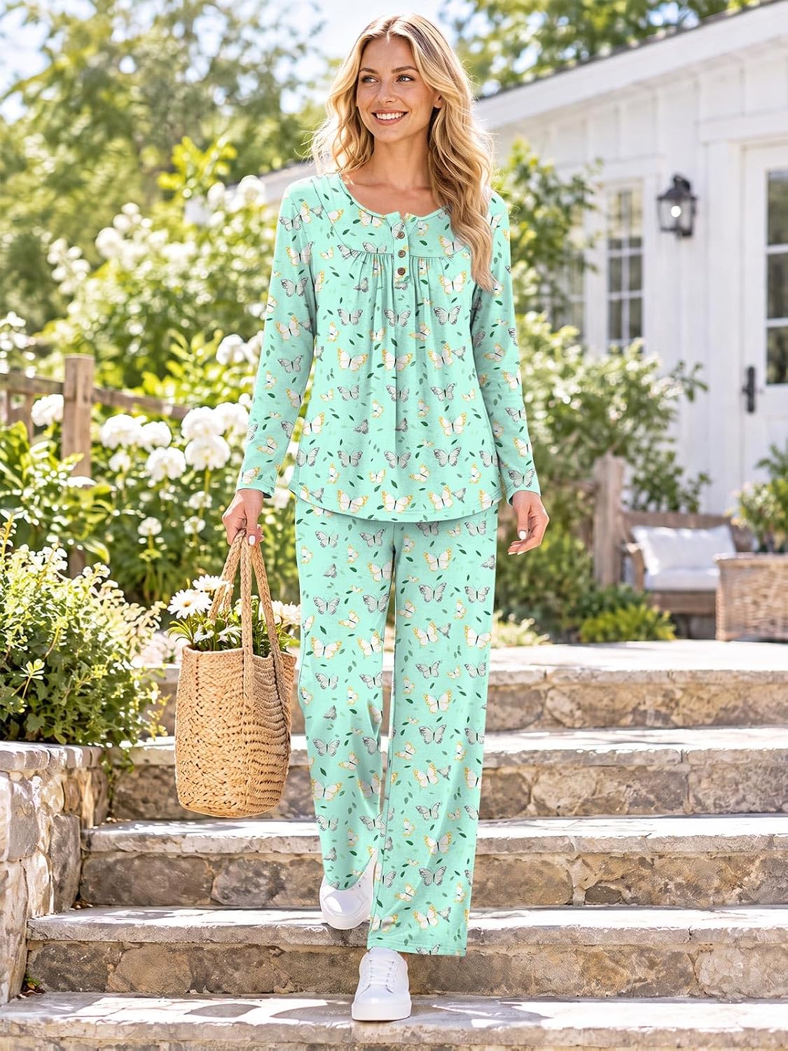 Detalle de Bestbee Women's Two-Piece Pajama Set, Long Sleeves, Pockets, Rayon-Spandex