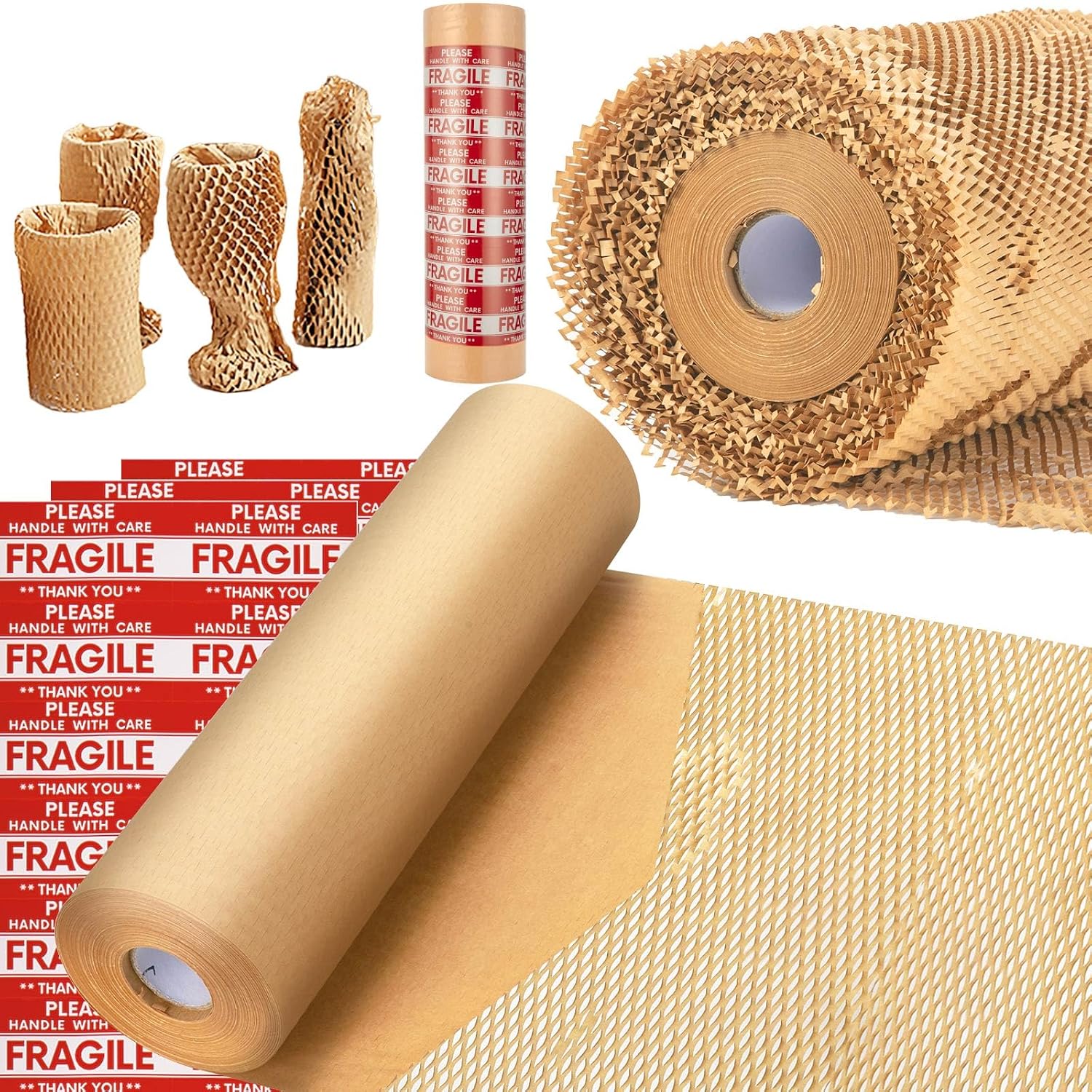 Detalle de MINHAO Brown-S5 Honeycomb Packing Paper, 15" x 300' Roll with 36 Labels