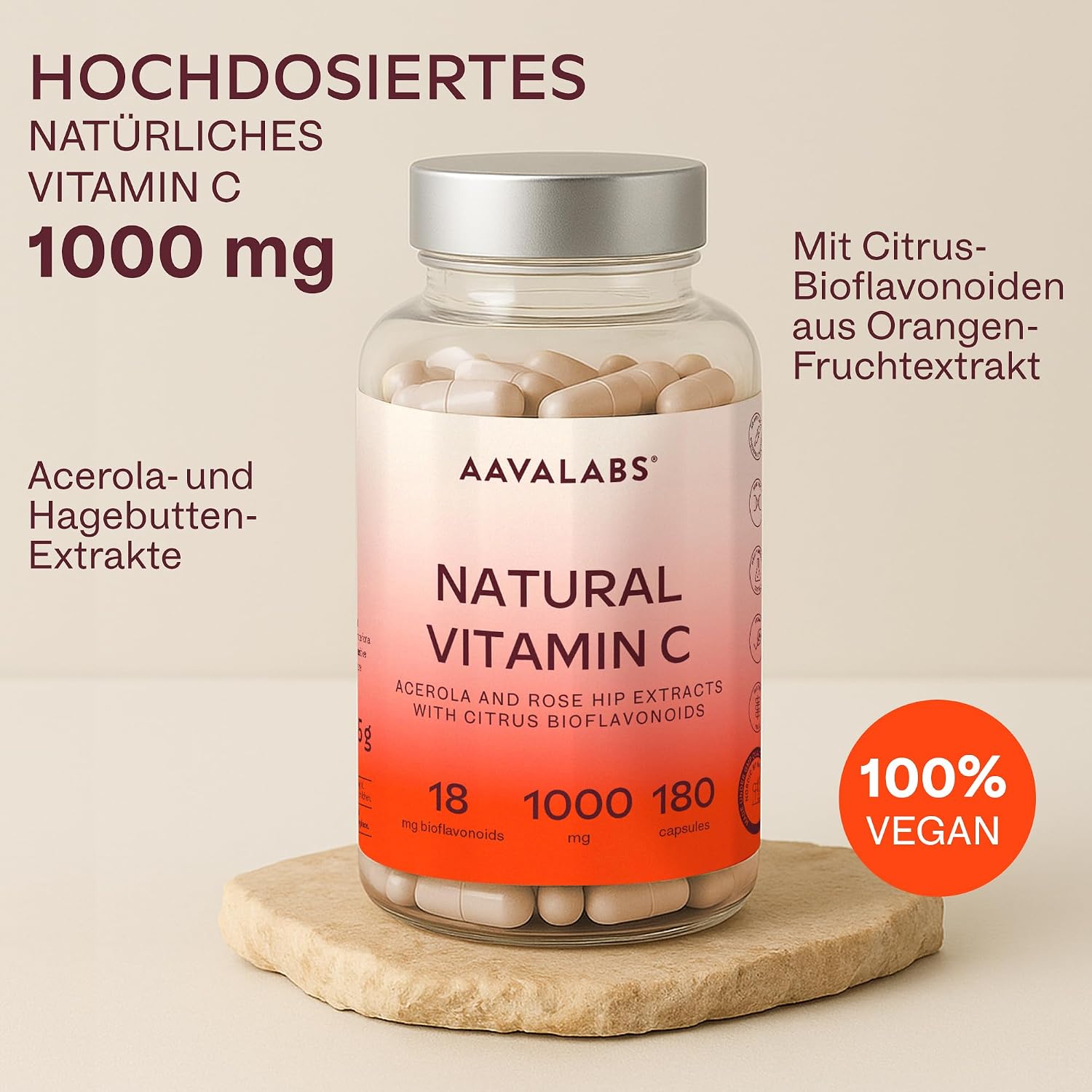 Detalle de Vitamin C Hochdosiert Vegan – Acerola Vitamin C 1000 mg pro Tagesdosis (2 Kapseln) mit Hagebutten und Zitrus-Bioflavonoiden, 180 Kapseln