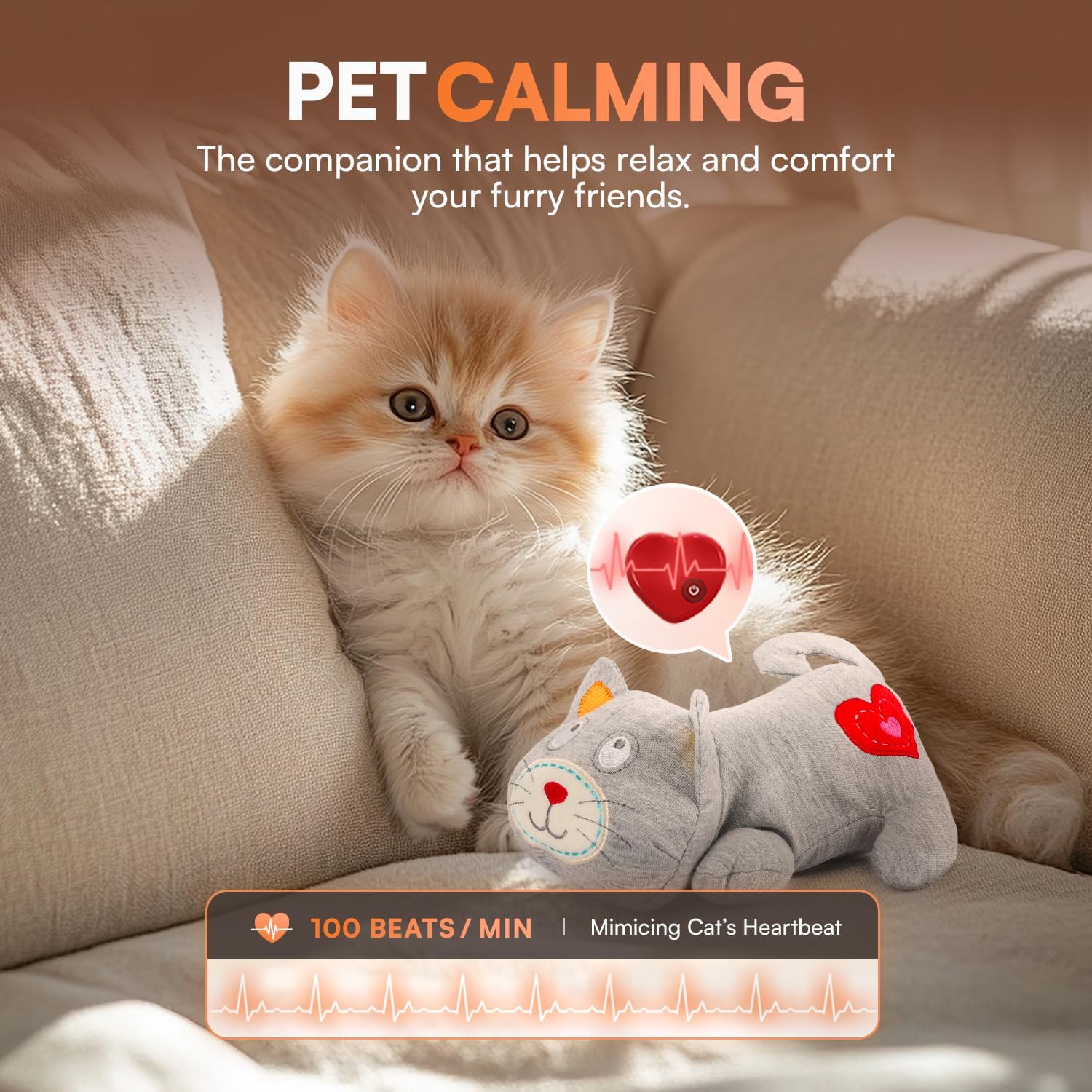 Detalle de All For Paws Heartbeat Cat Plush Toy (Grey Kitty with Heartbeat) – calming kitten companion