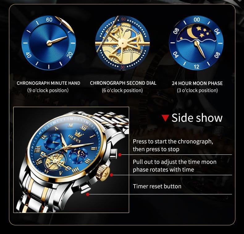 Detalle 2 de OLEVS Men's Quartz Watch, 41 mm Big Dial, Stainless Steel, Luminous Feature