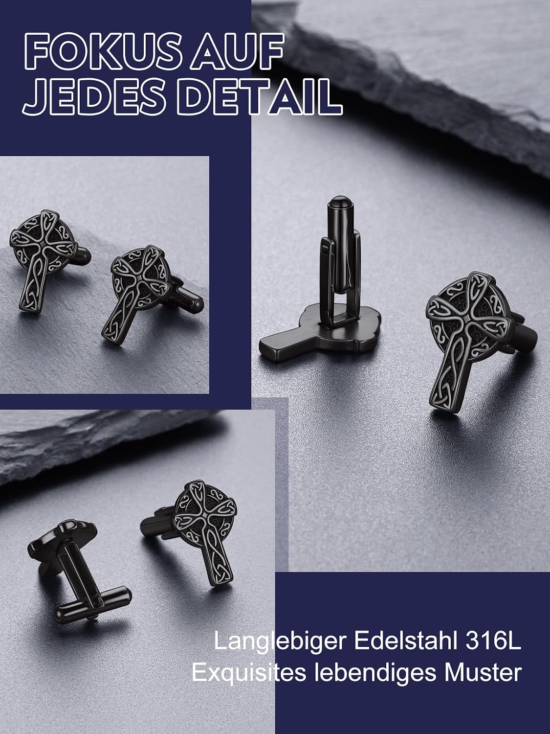 Detalle de Bandmax Manschettenknöpfe Herren aus Edelstahl im Wikinger-Design (Kreuz), silbern/schwarz