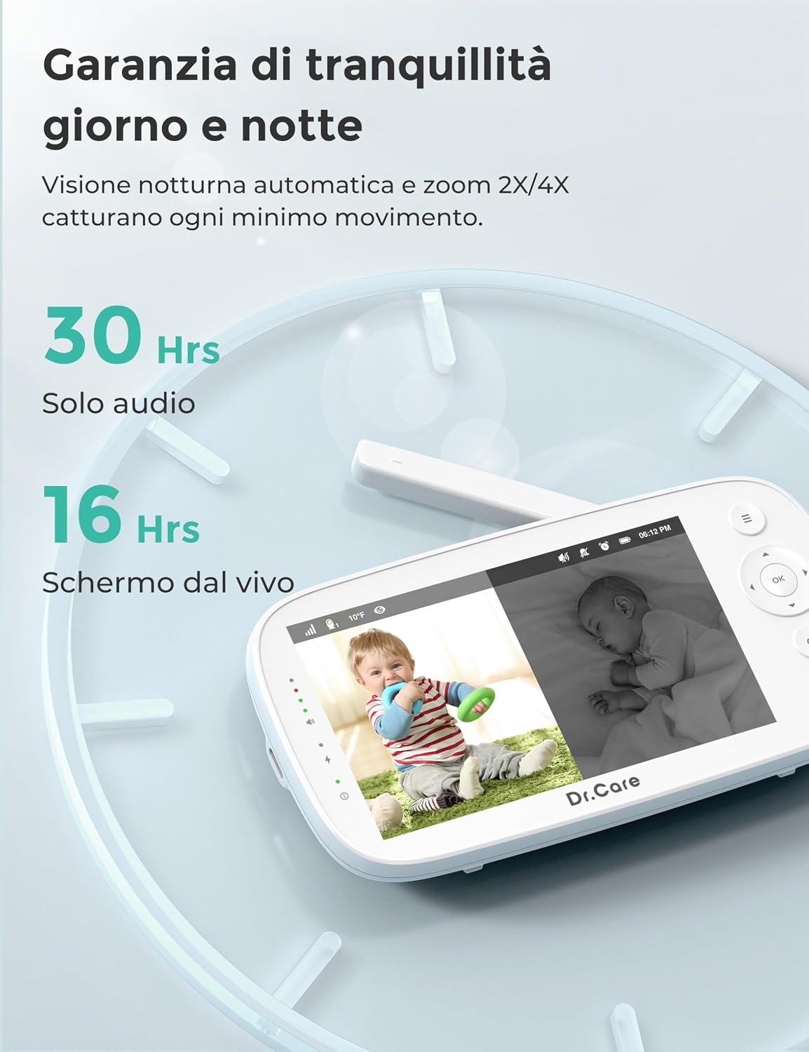 Thumbnail 5 de Dr.Care Baby Monitor 2 Telecamere – Senza WiFi, Schermo 5'' HD 1080P, Visione Notturna e Rotazione 360°