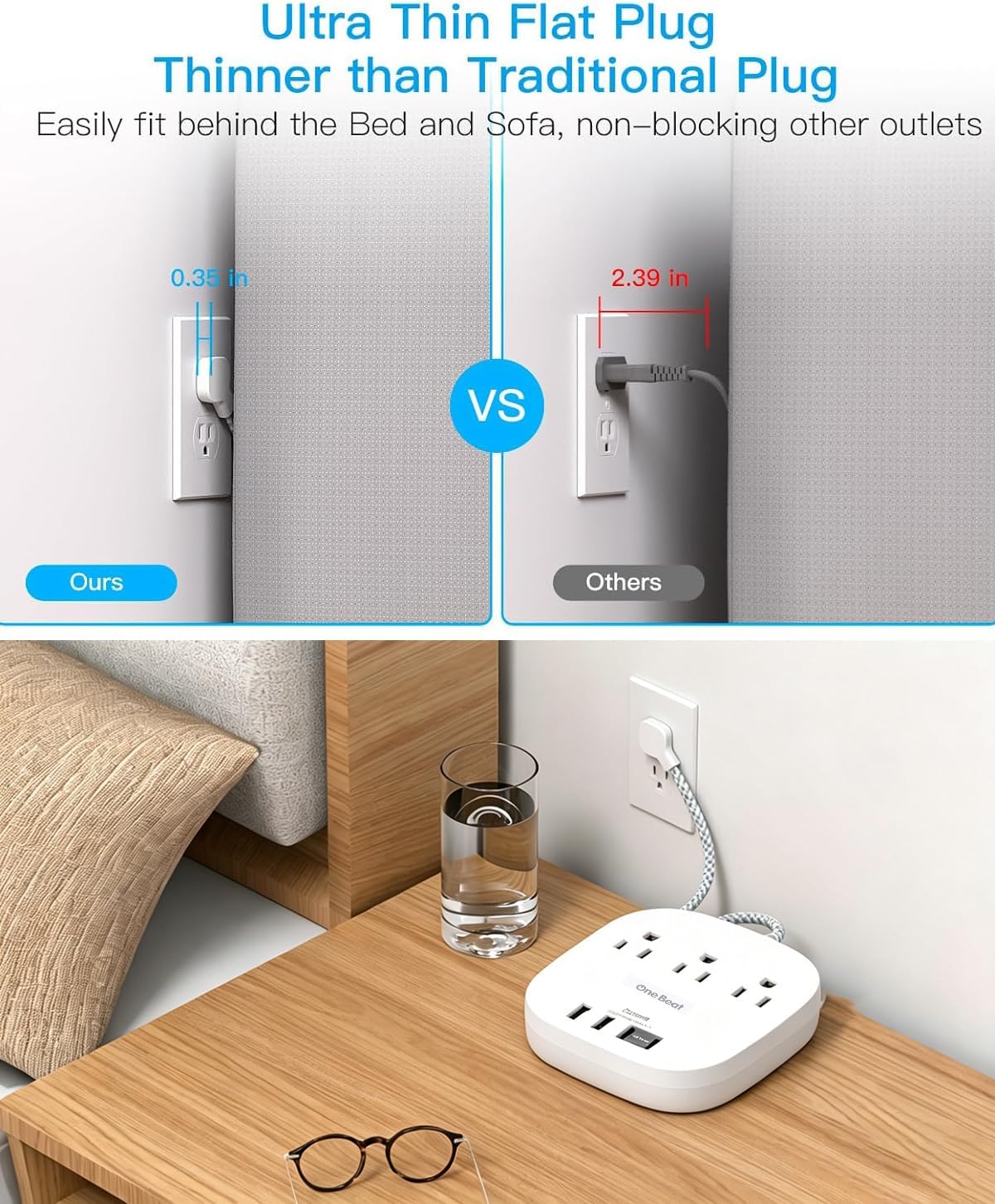 Thumbnail 3 de One Beat 10 Ft Surge Protector Power Strip, 3 Outlets and 4 USB Ports