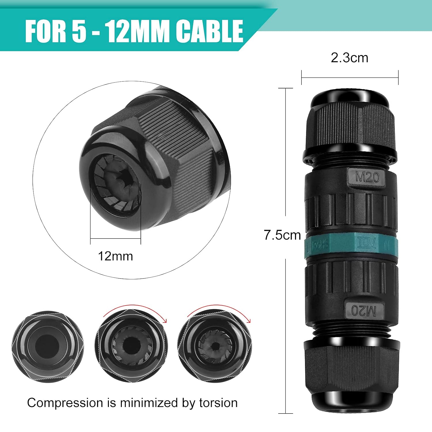 Detalle 2 de GAOUTO 766156647413 IP68 3-pin waterproof cable connector, 5–12 mm