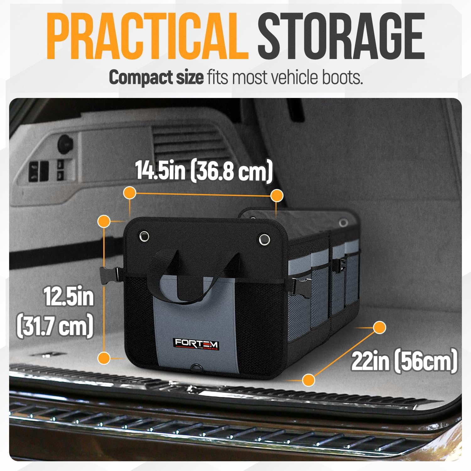Detalle de FORTEM Car Boot Organiser (SUV Boot Tidy) with Collapsible Compartments, 65L Storage
