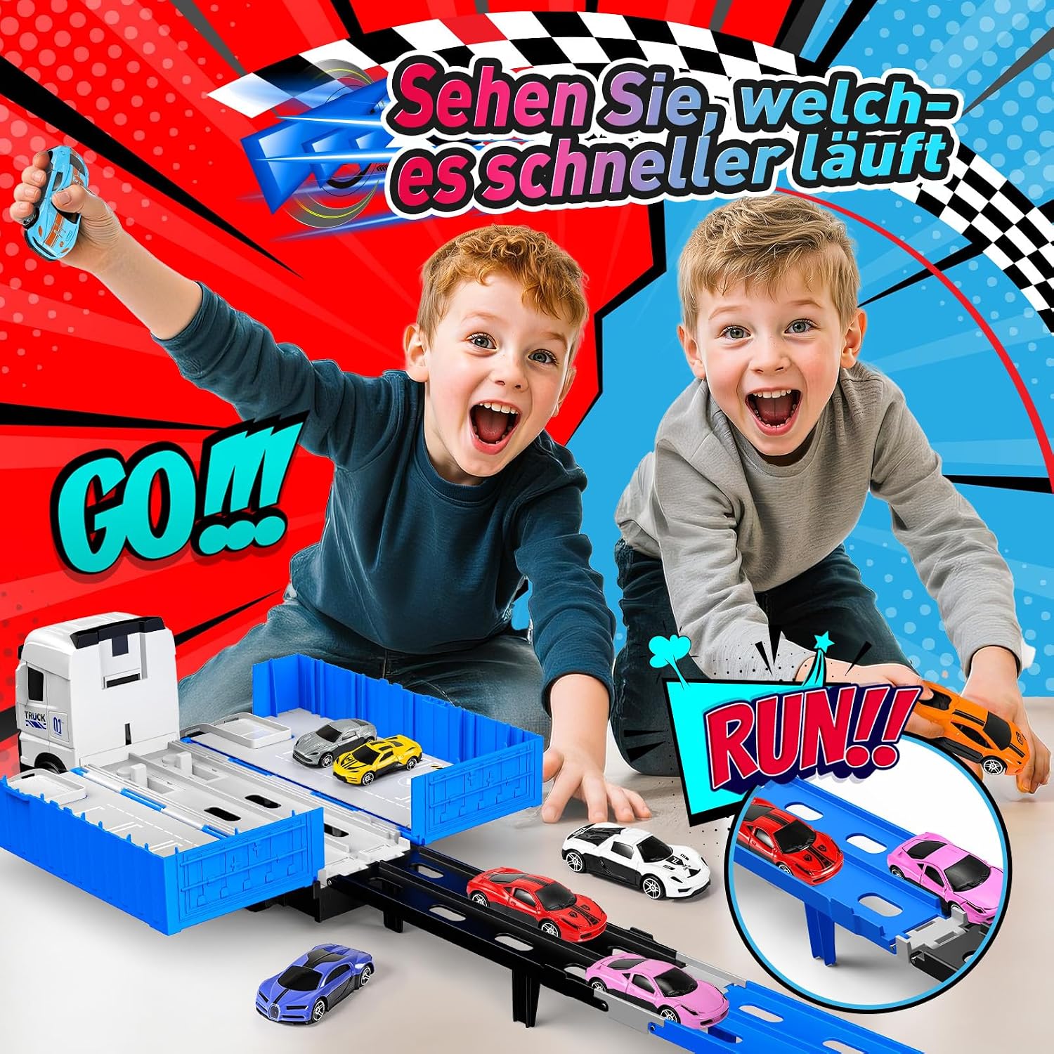 Detalle de EUCOCO Giochi Bambini 2-6 Anni: Truck con Pista Pieghevole e 8 Auto in Metallo, Set di Corse Sicuro e Multifunzionale