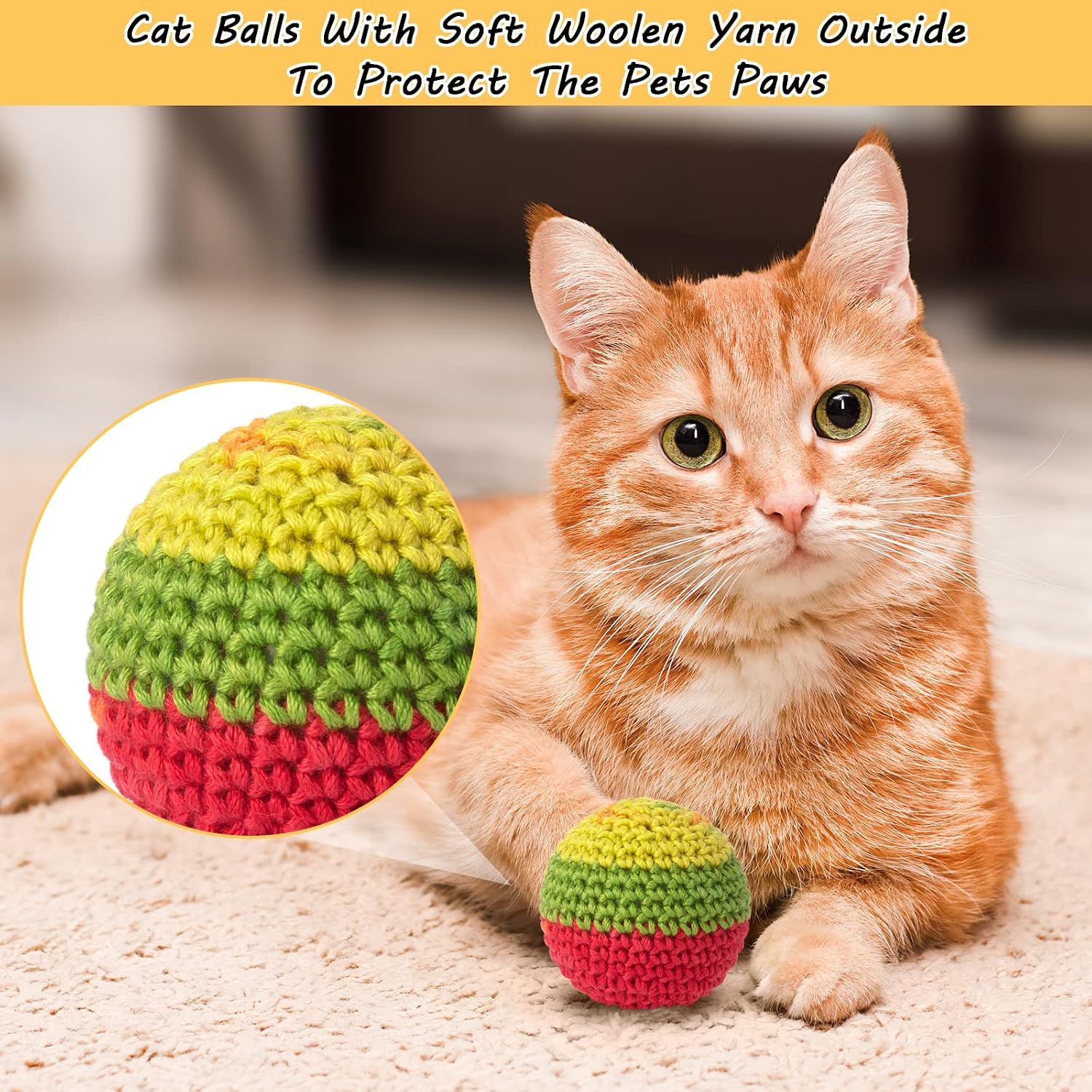 Detalle de Retro Shaw Cat Ball Toys 6 Pack, Crochet Wool Yarn Balls with Bells