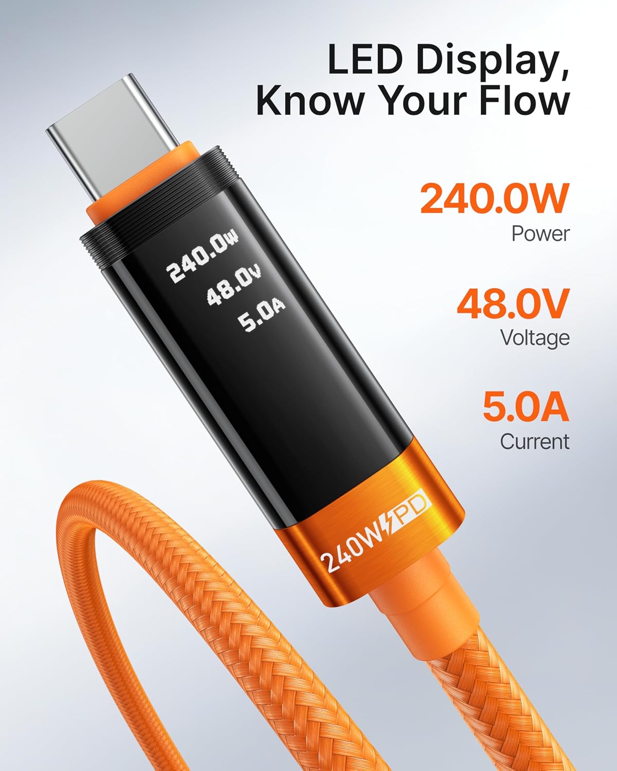 Detalle de VRURC 240W USB-C to USB-C Cable with LED Display: Fast PD Charging and Ultra-Durability
