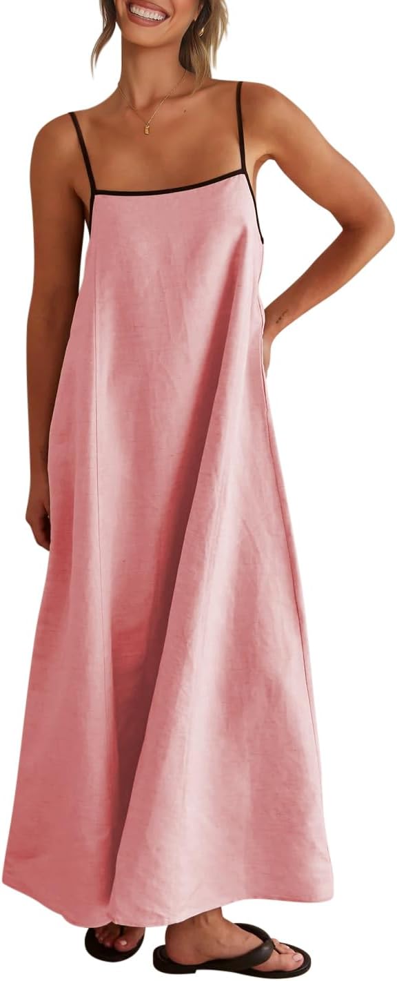 Detalle de Shy Velvet Women's 2026 Summer Linen Maxi Dress with Contrast Trim