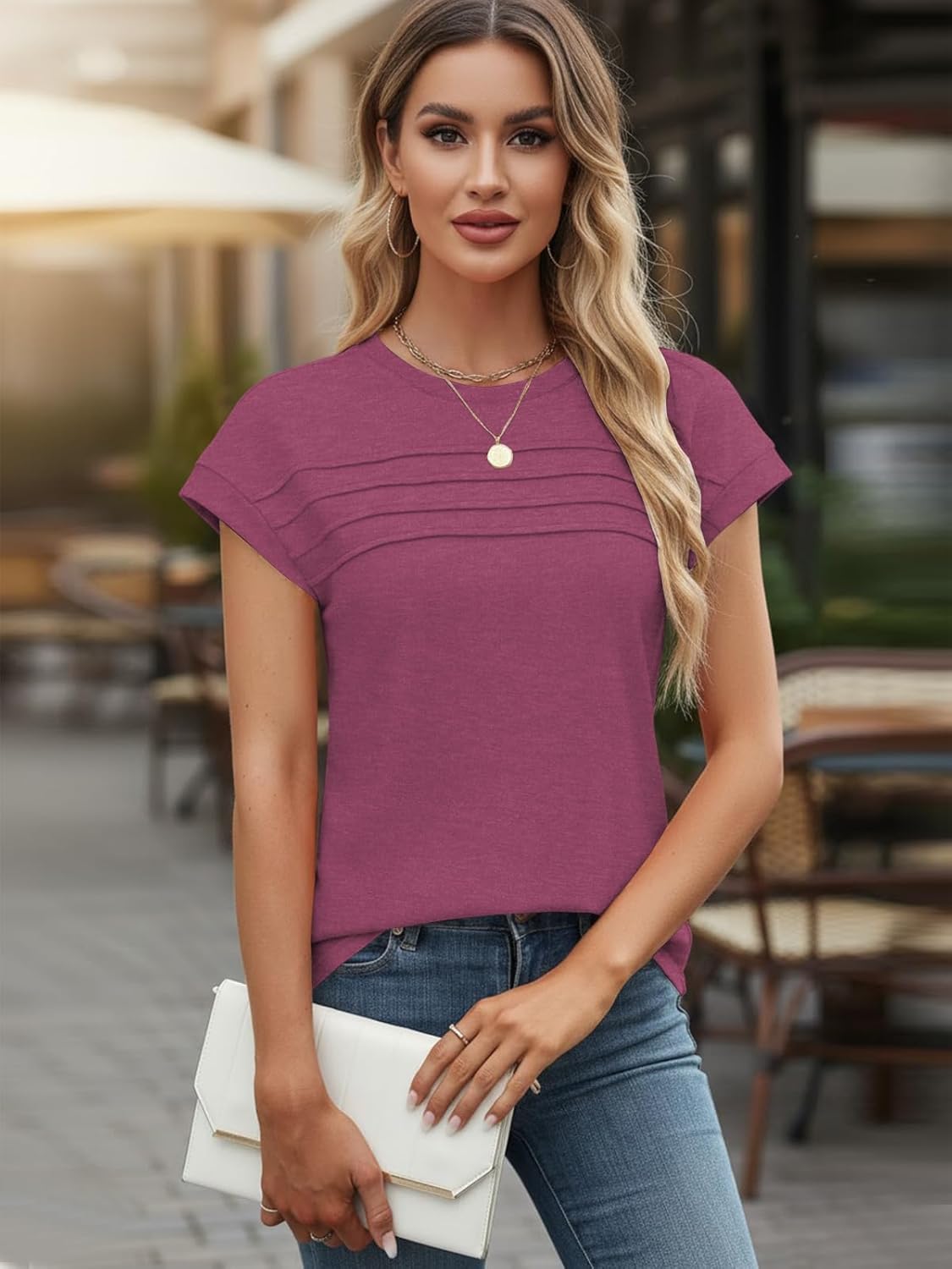 Detalle de Cuptacc Damen Sommer-TShirt mit Rundhalsausschnitt – elegantes Basic-Top für Alltag und Büro