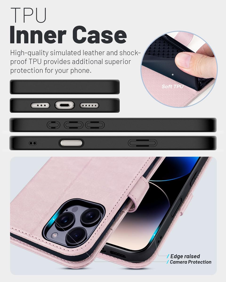 Thumbnail 4 de OCASE Hülle für iPhone 16 Pro Max – Premium PU Leder, Kartenfach, Standfunktion, RFID-Schutz, Hellrosa