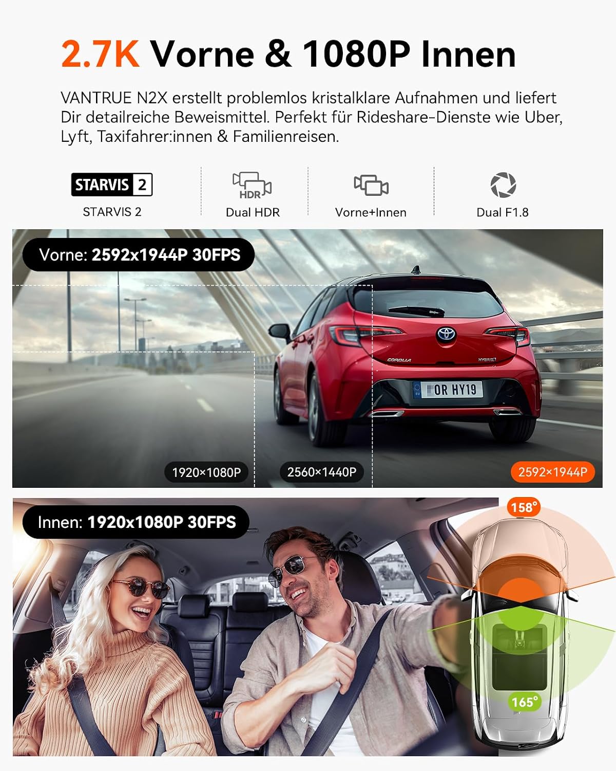 Detalle 2 de VANTRUE N2X Dashcam 2.7K+1080P Front Innen
