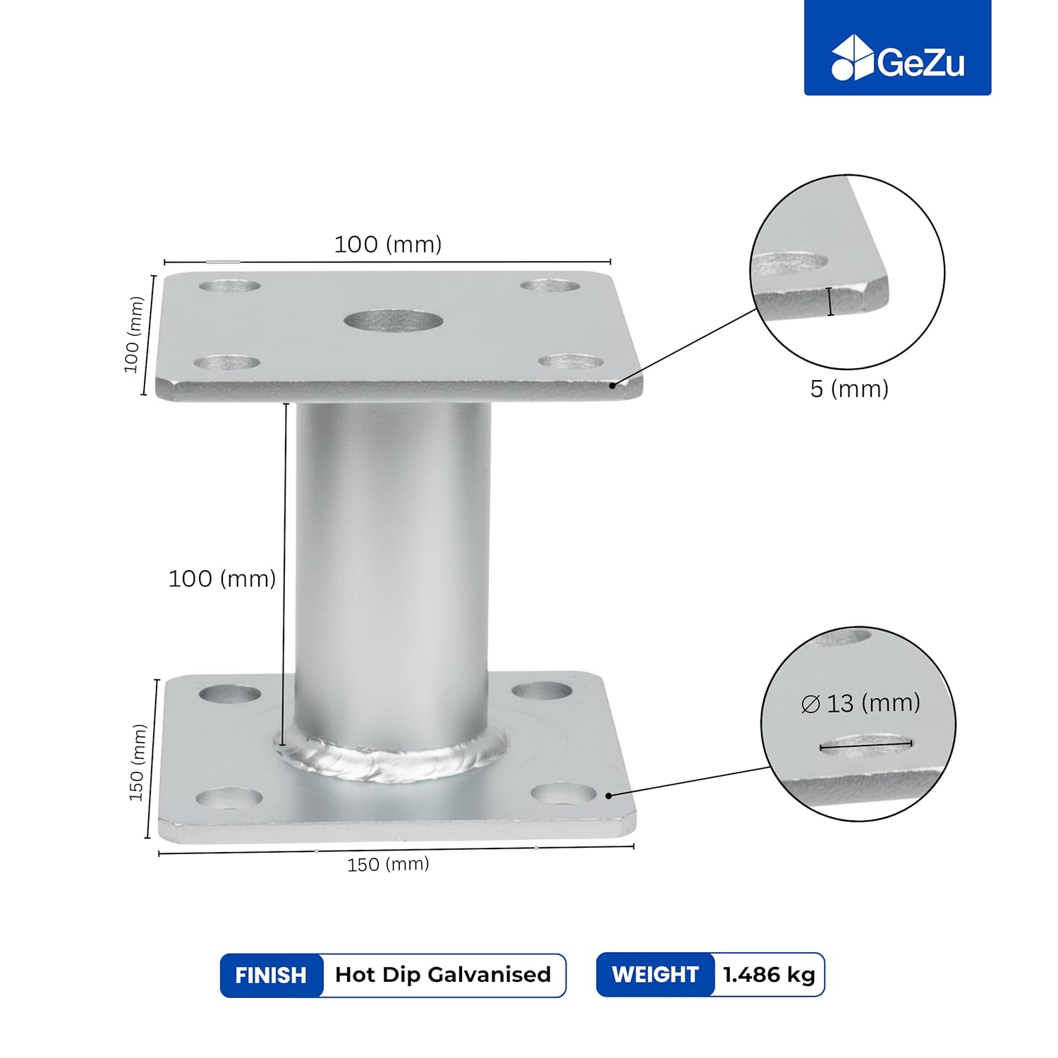 Thumbnail 1 de GeZu Impex Support de poteau galvanisé à chaud – Lot de 8, base 100 x 100 mm, platine poteau bois 100 mm