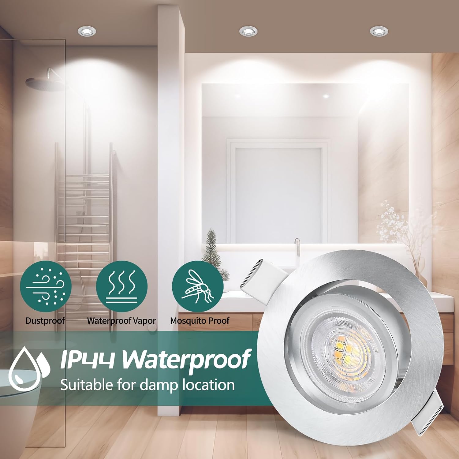 Thumbnail 6 de KYOTECH LED Einbaustrahler dimmbar 5 W, IP44, 6er-Set (68–75 mm), 3000K/4000K/6500K, 45° schwenkbar