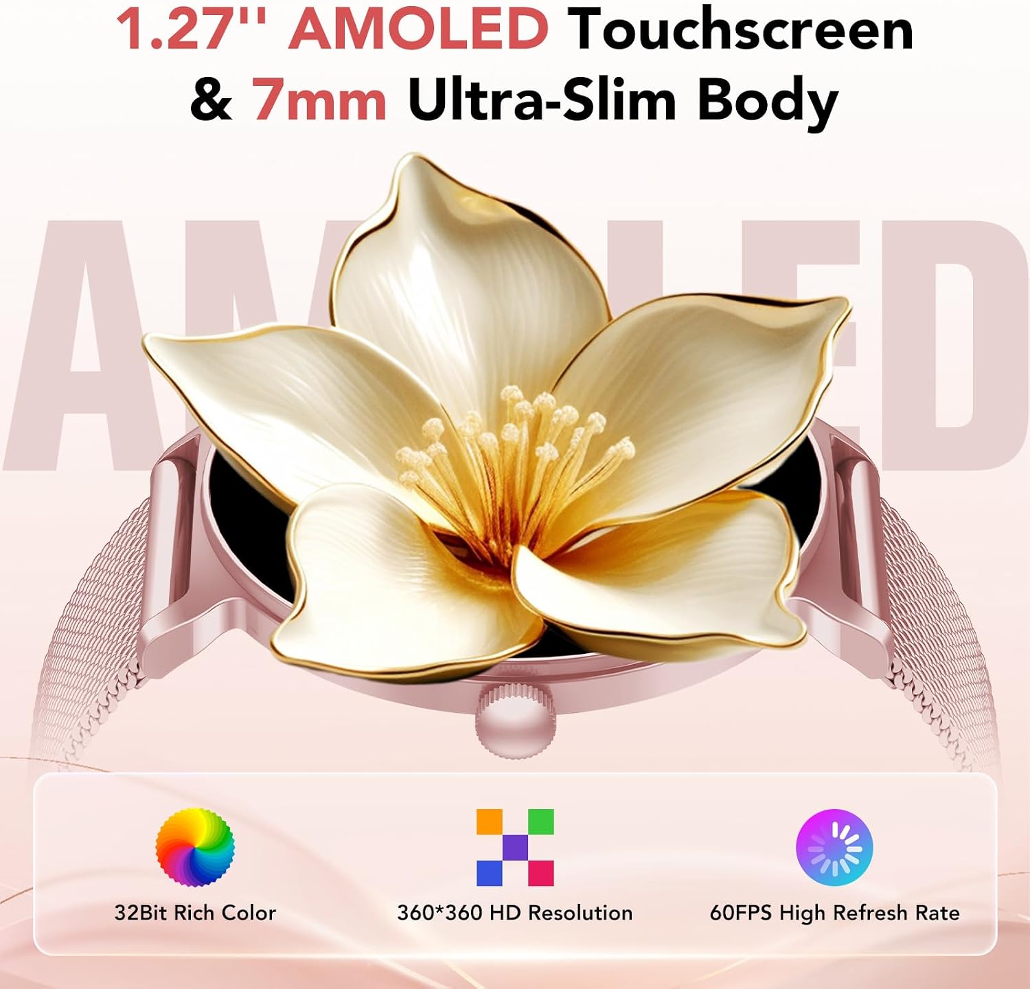 Detalle 2 de Taopodo Smart Watch for Women — 1.27'' AMOLED Round Screen, Bluetooth Calling, 120+ Sports Modes, IP68 Rose Pink