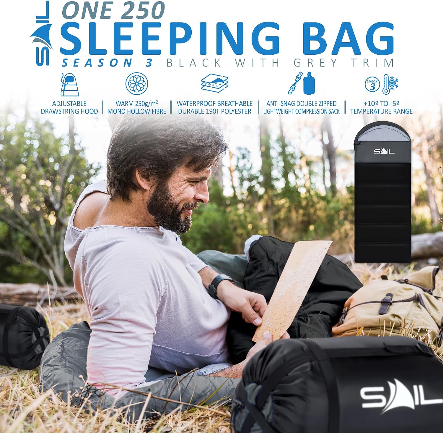 Detalle de SAIL Sleeping Bag Waterproof 3–4 Season (1.3kg) for Kids & Adults – Indoor & Outdoor Camping