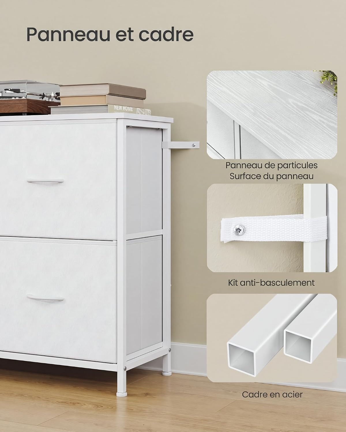 Detalle 2 de SONGMICS LGS235W101 commode met 5 stoffen laden en houten bovenblad
