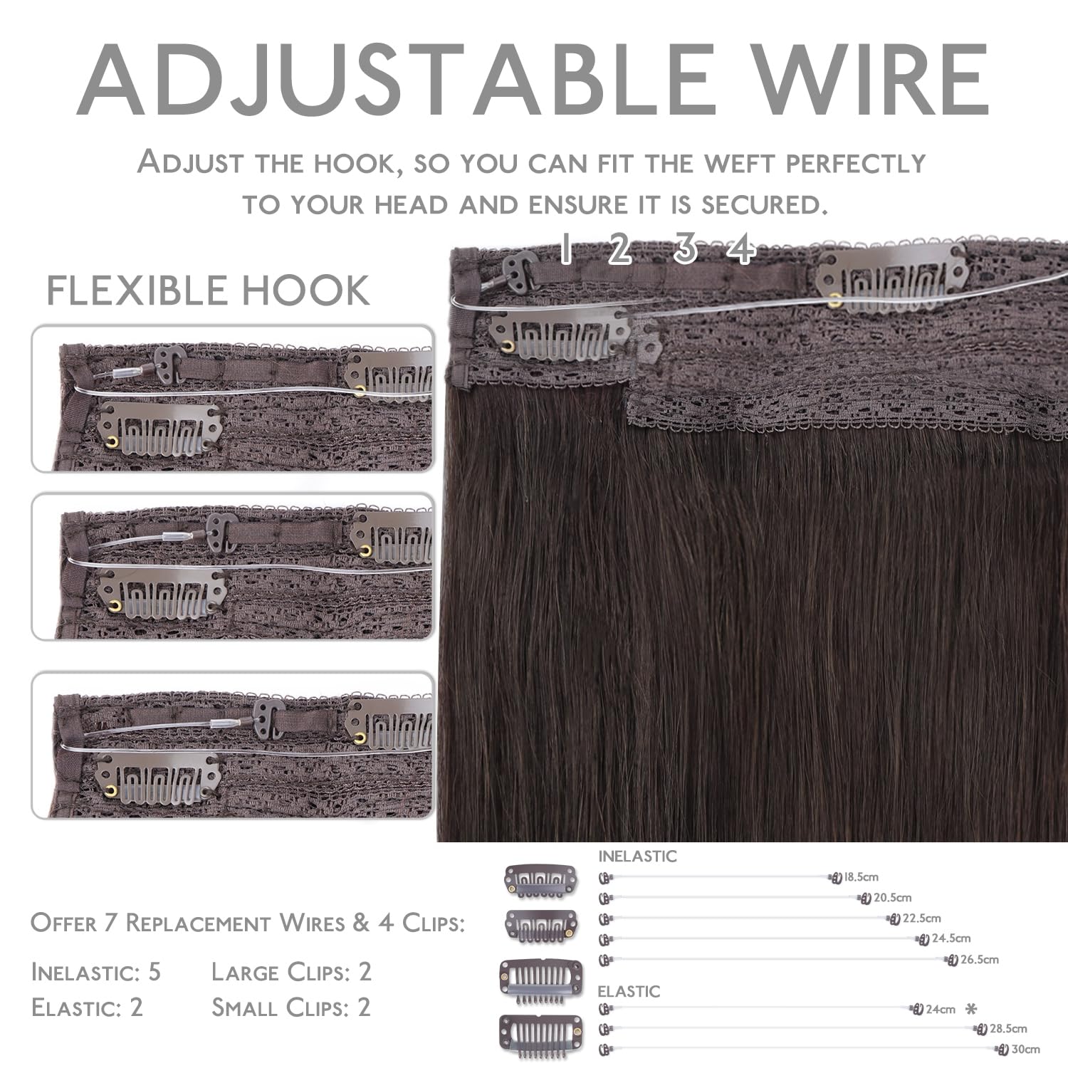 Detalle de WENNALIFE 22-inch Remy Wire Hair Extensions (Light Dark Brown) with Invisible Wire