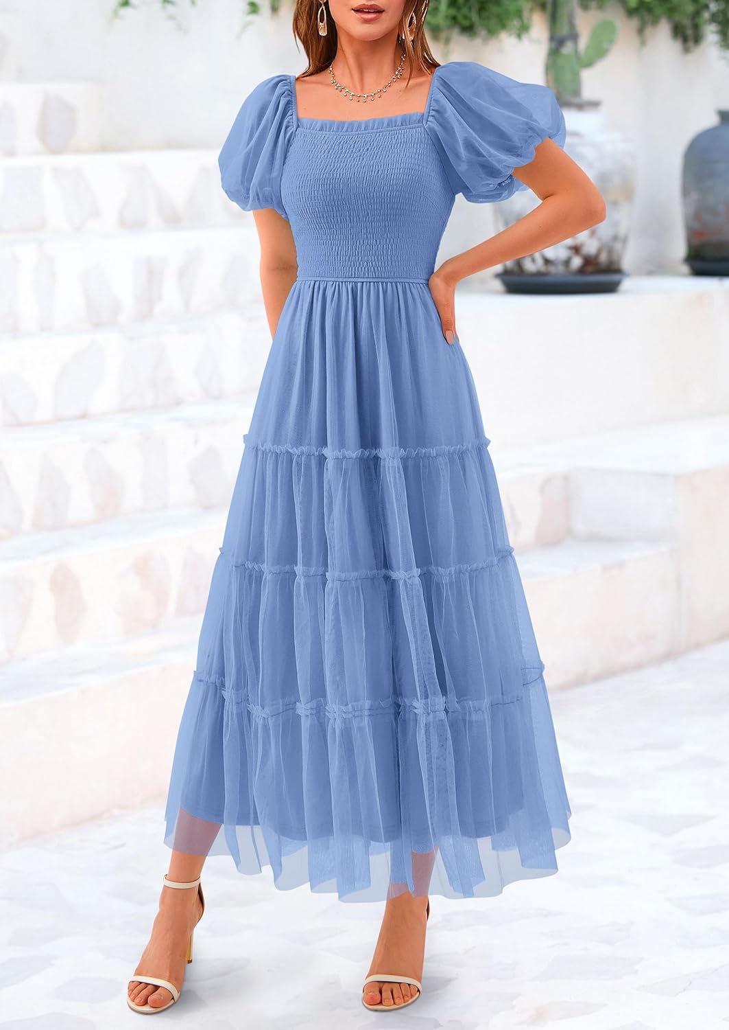 Detalle 2 de PRETTYGARDEN Women's Smocked Midi Tulle Dress