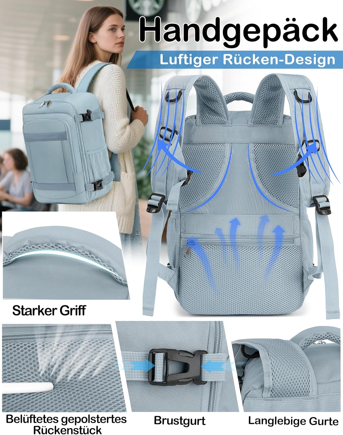 Detalle de Handgepäck Rucksack 40x30x20 cm – 24L, Laptopfach, Grün