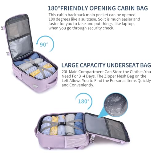 Thumbnail 4 de PUSLOM Mochila de cabina para avión 40x20x25 cm (20 L) con puerto USB y bolsillo antirrobo, lila