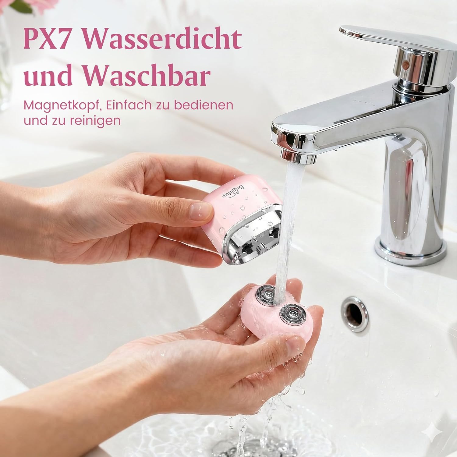 Detalle de Brightup Gesichtshaarentferner für Damen – Elektrischer Rasierer, wasserdicht, USB-C, kompakt, rosa